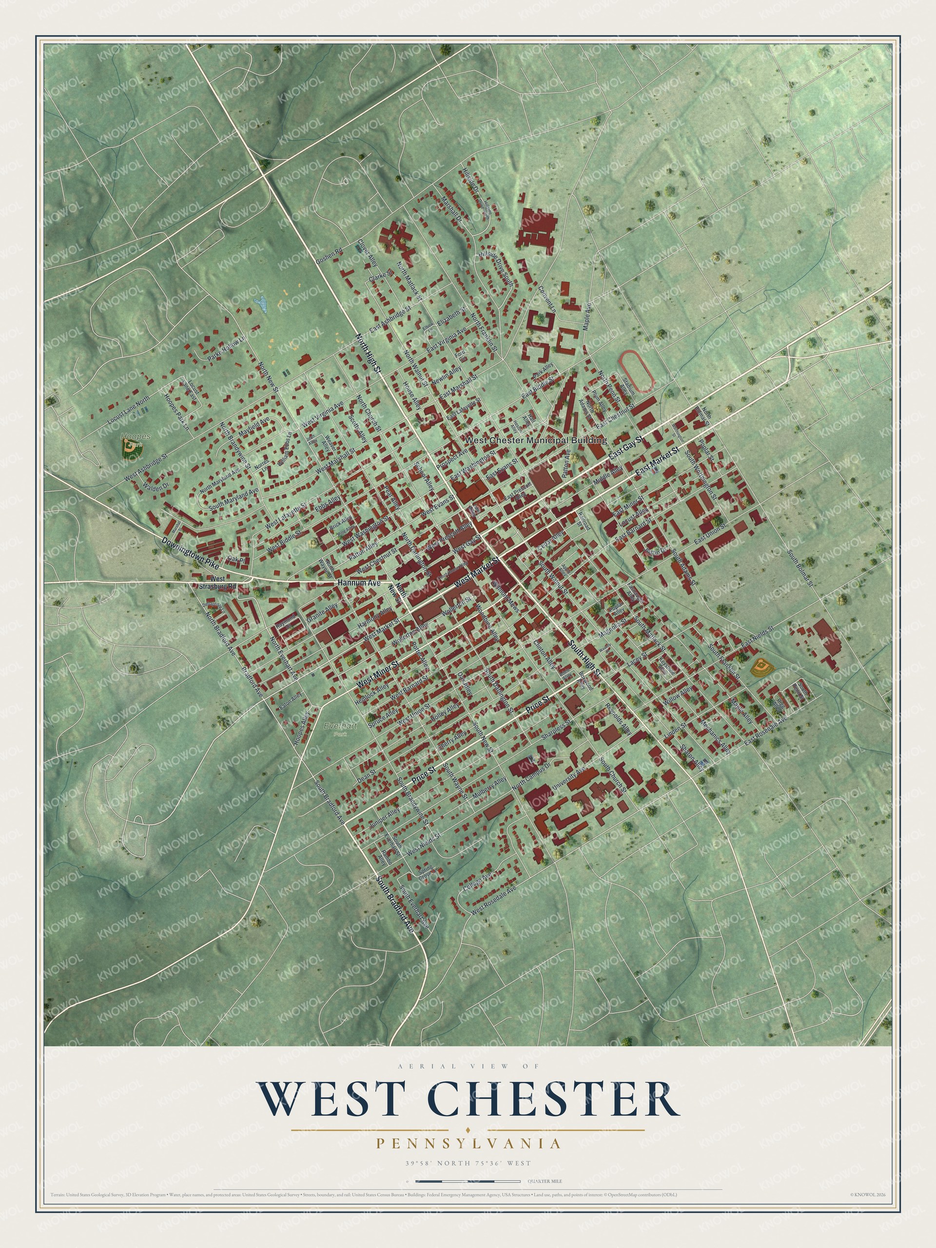 Full map of West Chester, Pennsylvania, with red buildings, printed street names and the land around them