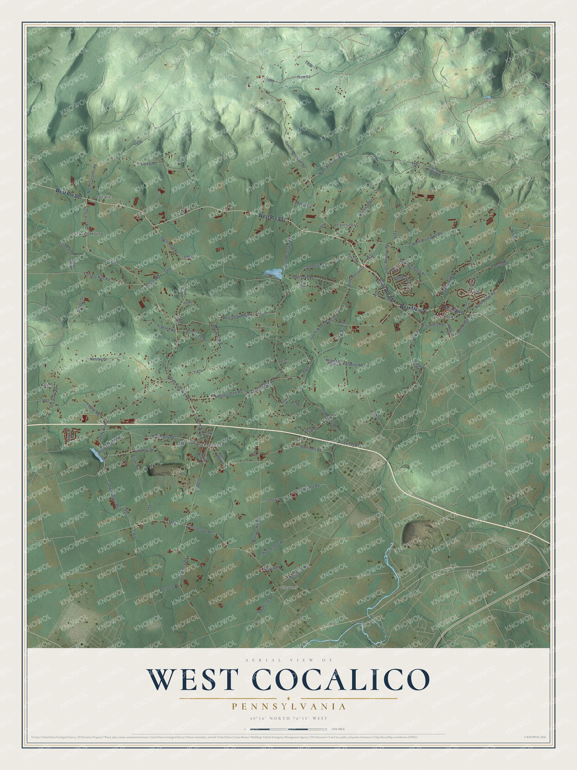 Full map of West Cocalico, Pennsylvania, with red buildings, printed street names and the land around them