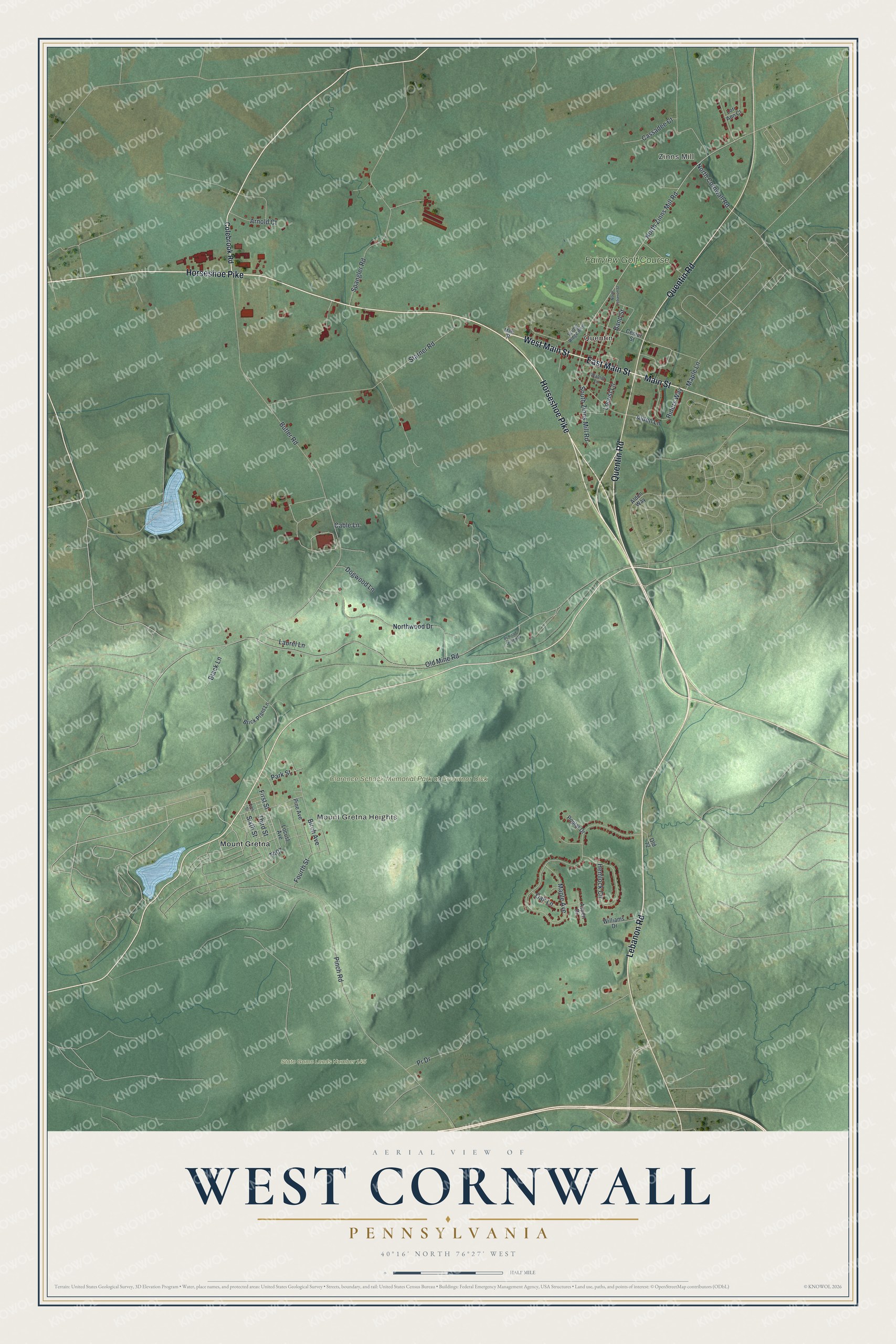 Full map of West Cornwall, Pennsylvania, with red buildings, printed street names and the land around them