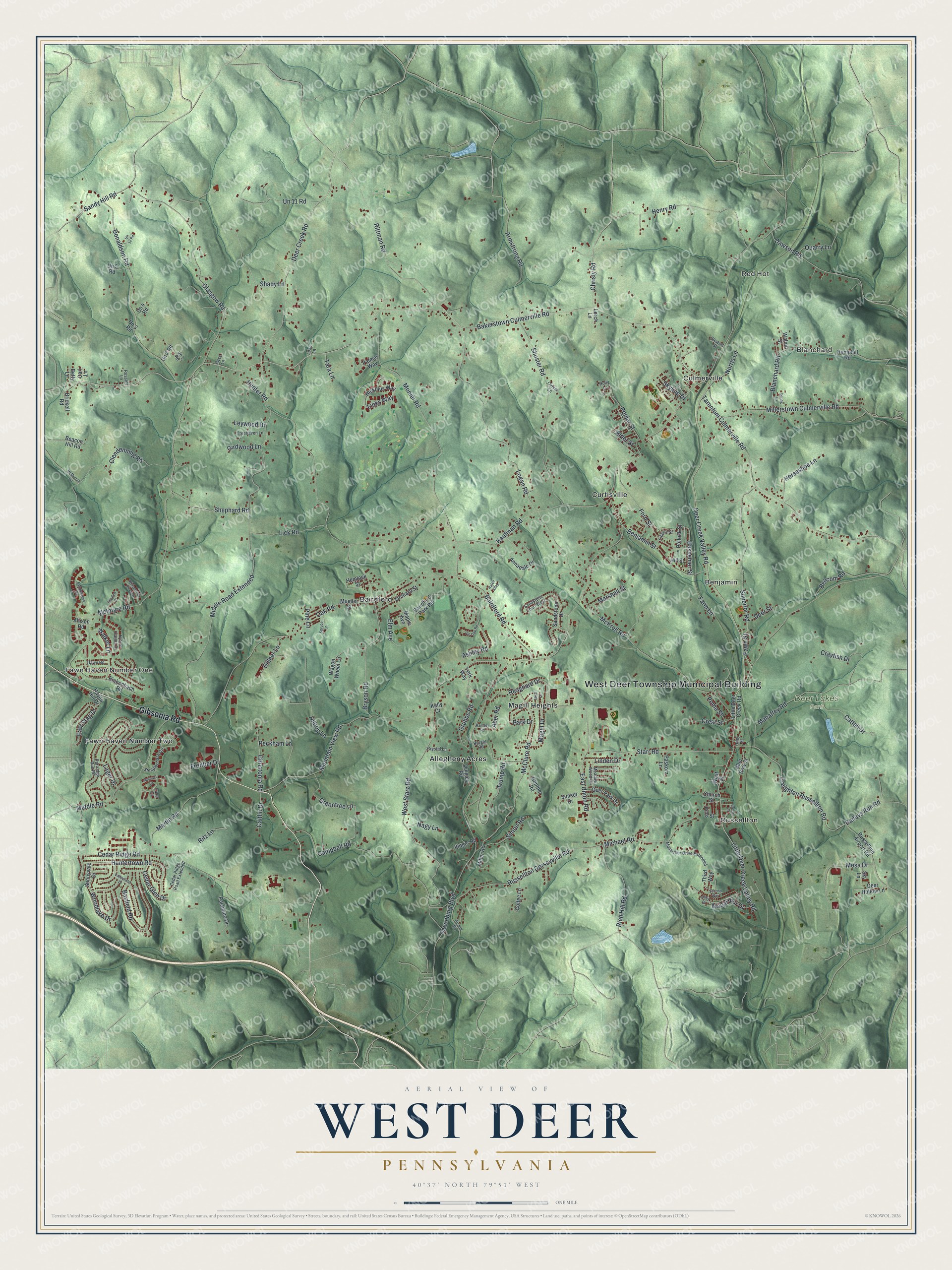 Full map of West Deer, Pennsylvania, with red buildings, printed street names and the land around them