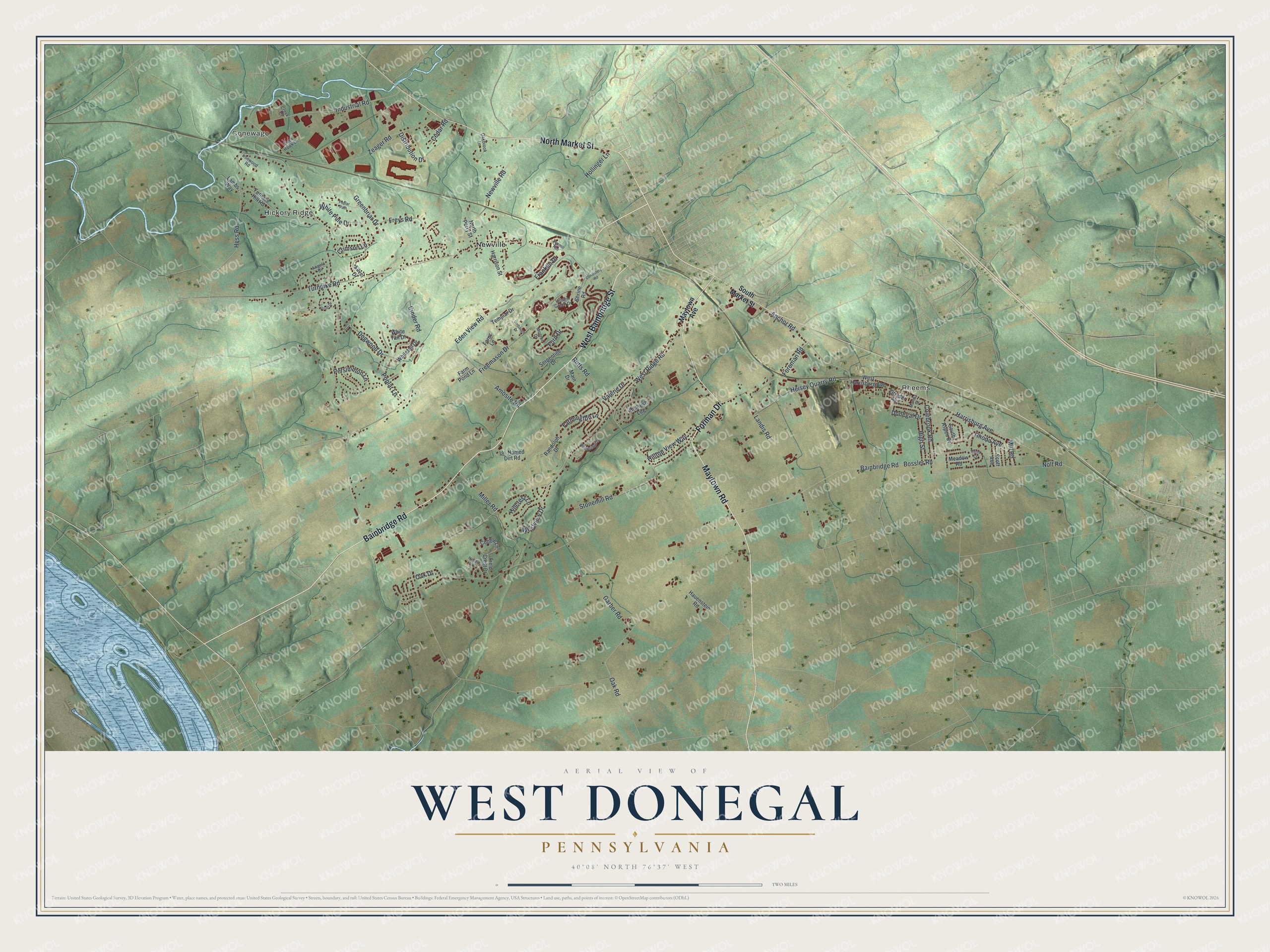 Full map of West Donegal, Pennsylvania, with red buildings, printed street names and the land around them