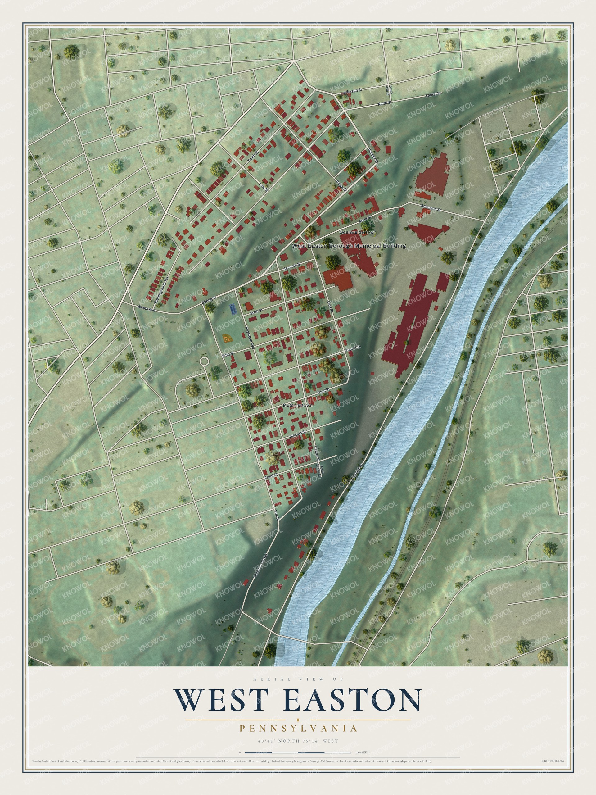 Full map of West Easton, Pennsylvania, with red buildings, printed street names and the land around them