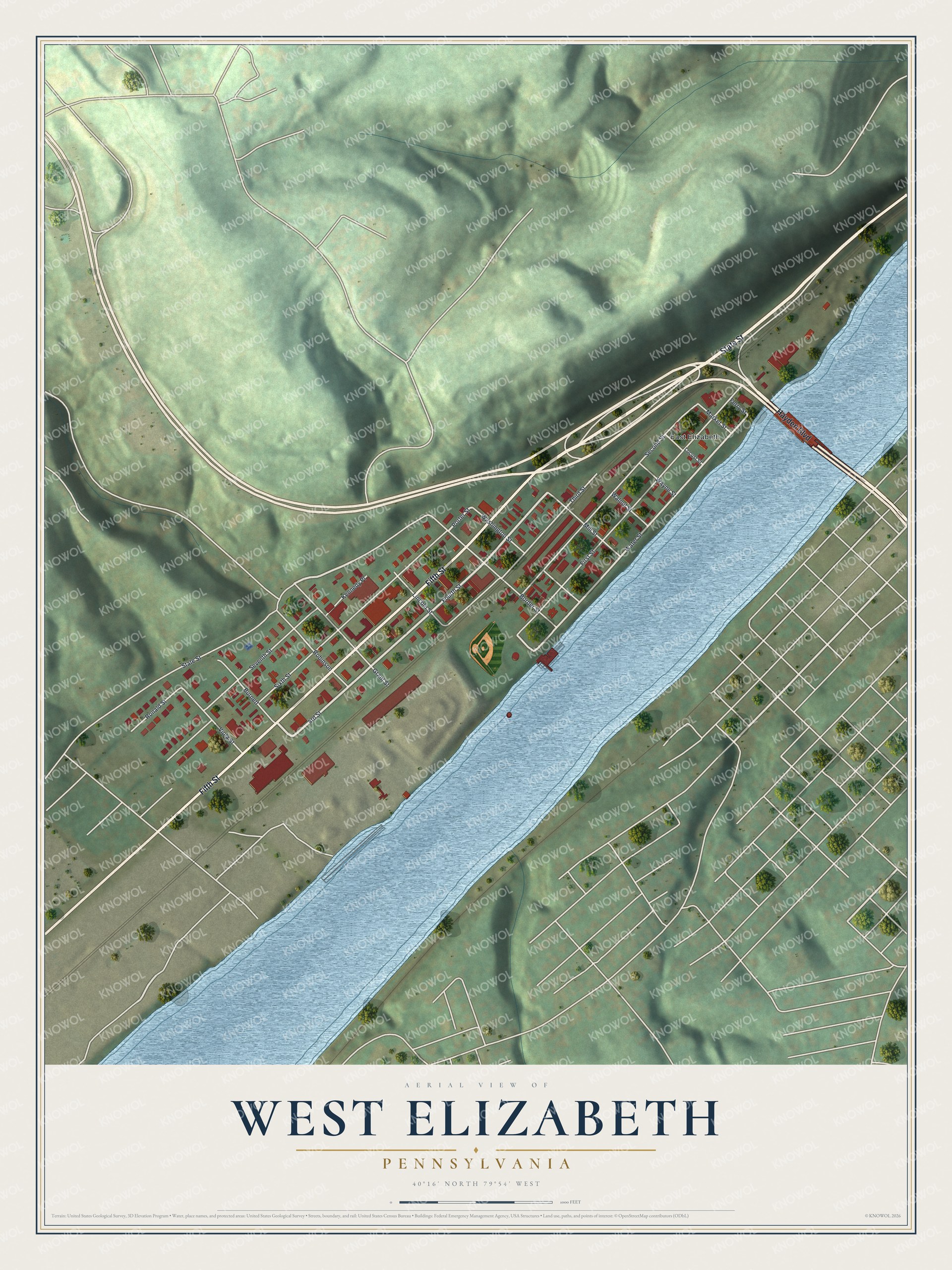 Full map of West Elizabeth, Pennsylvania, with red buildings, printed street names and the land around them