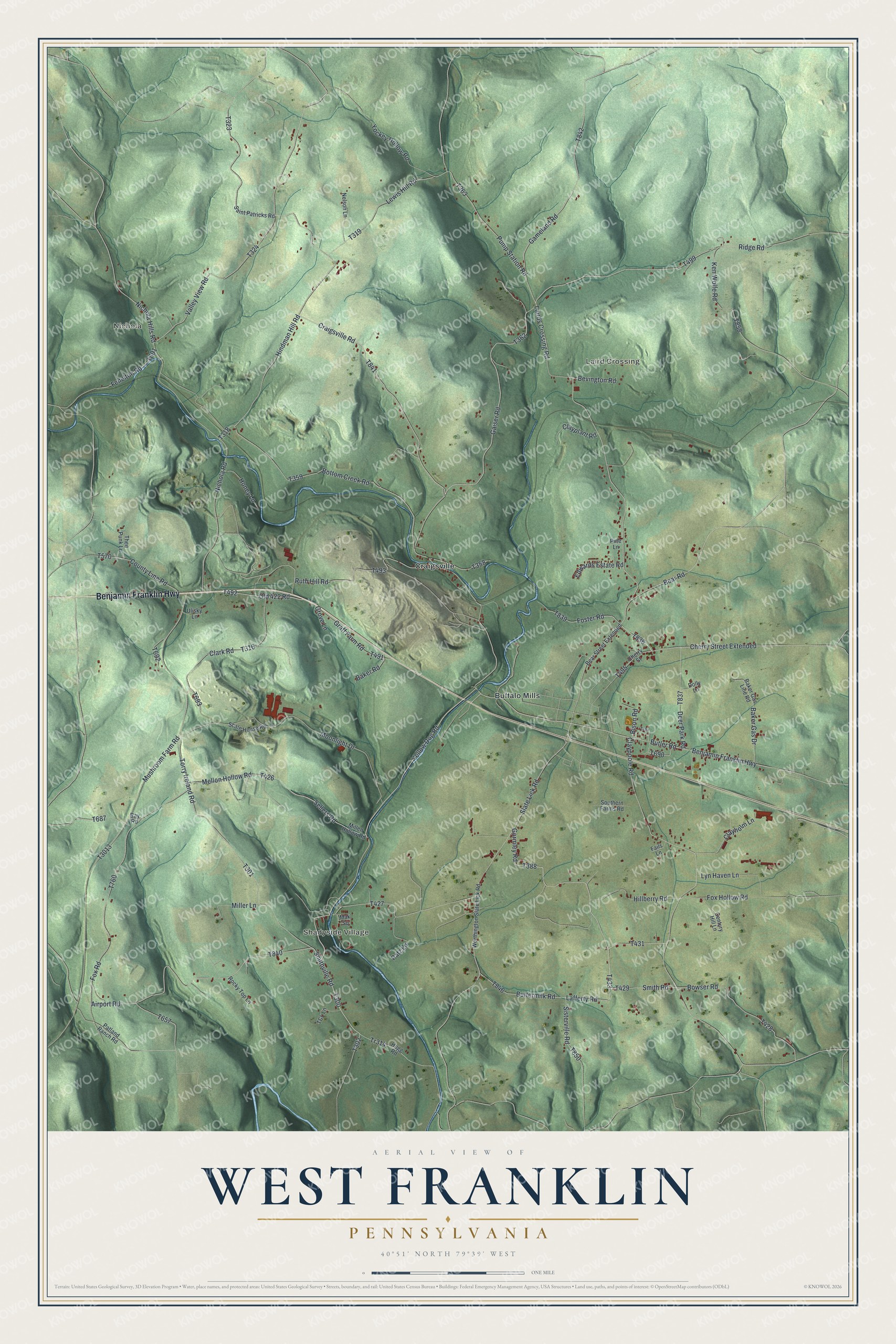 Full map of West Franklin, Pennsylvania, with red buildings, printed street names and the land around them