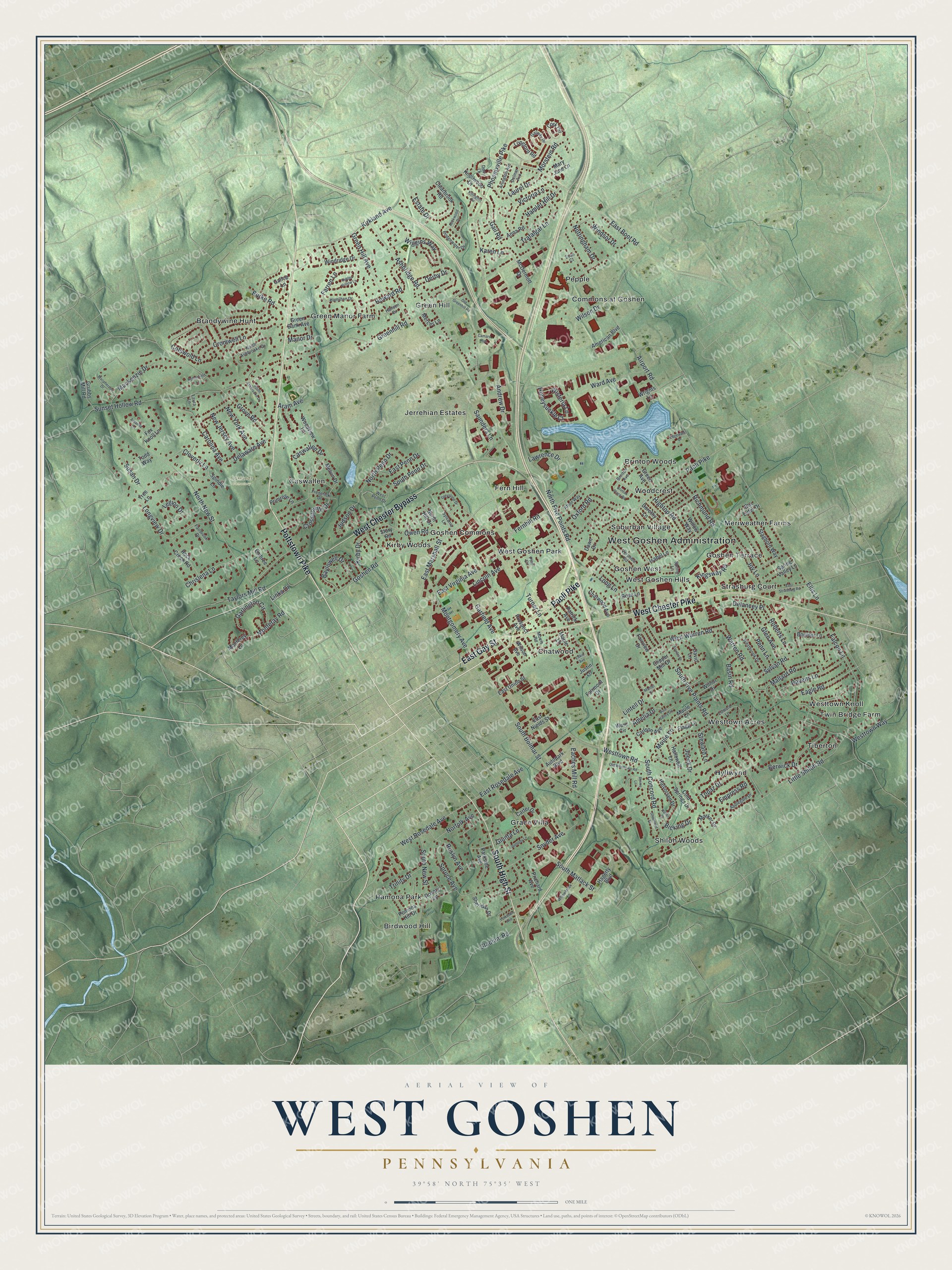 Full map of West Goshen, Pennsylvania, with red buildings, printed street names and the land around them