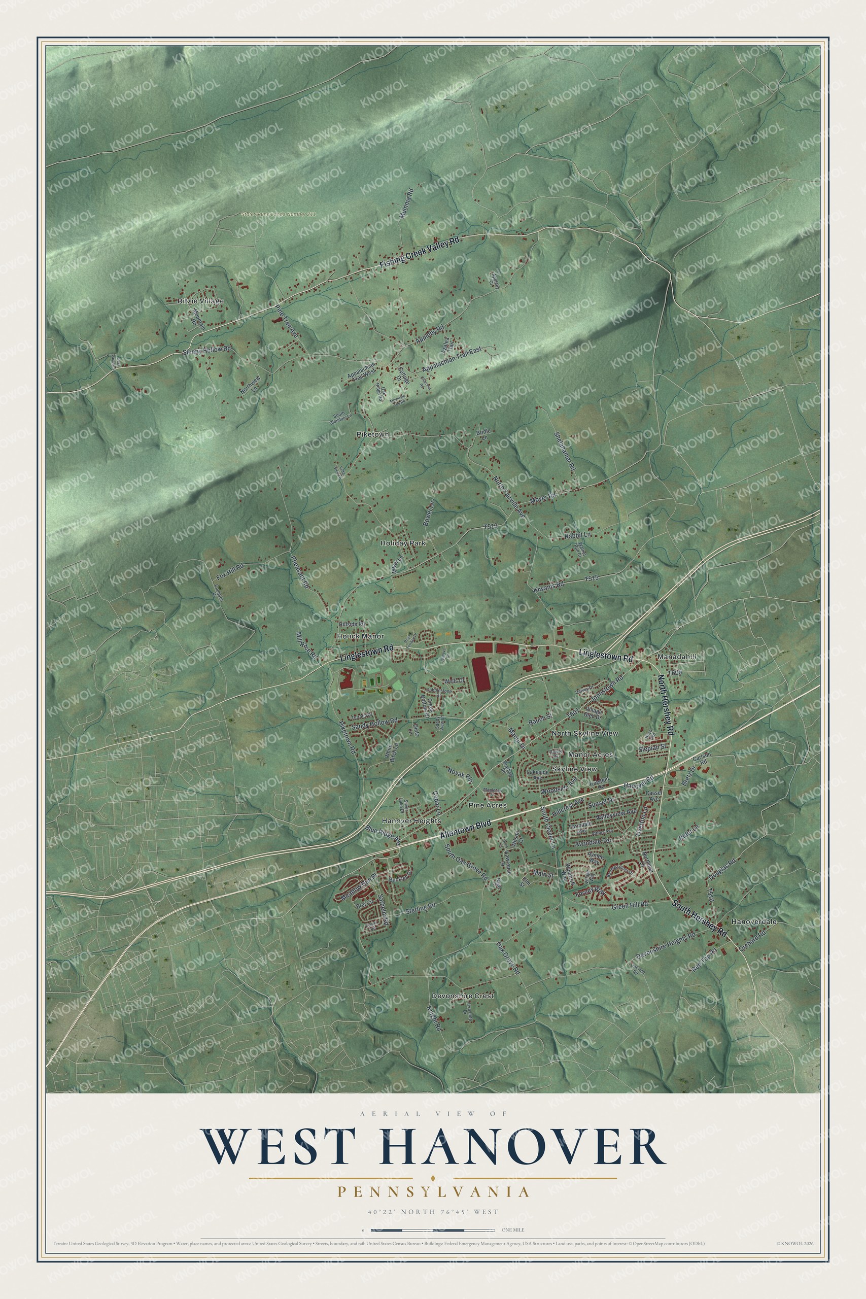 Full map of West Hanover, Pennsylvania, with red buildings, printed street names and the land around them