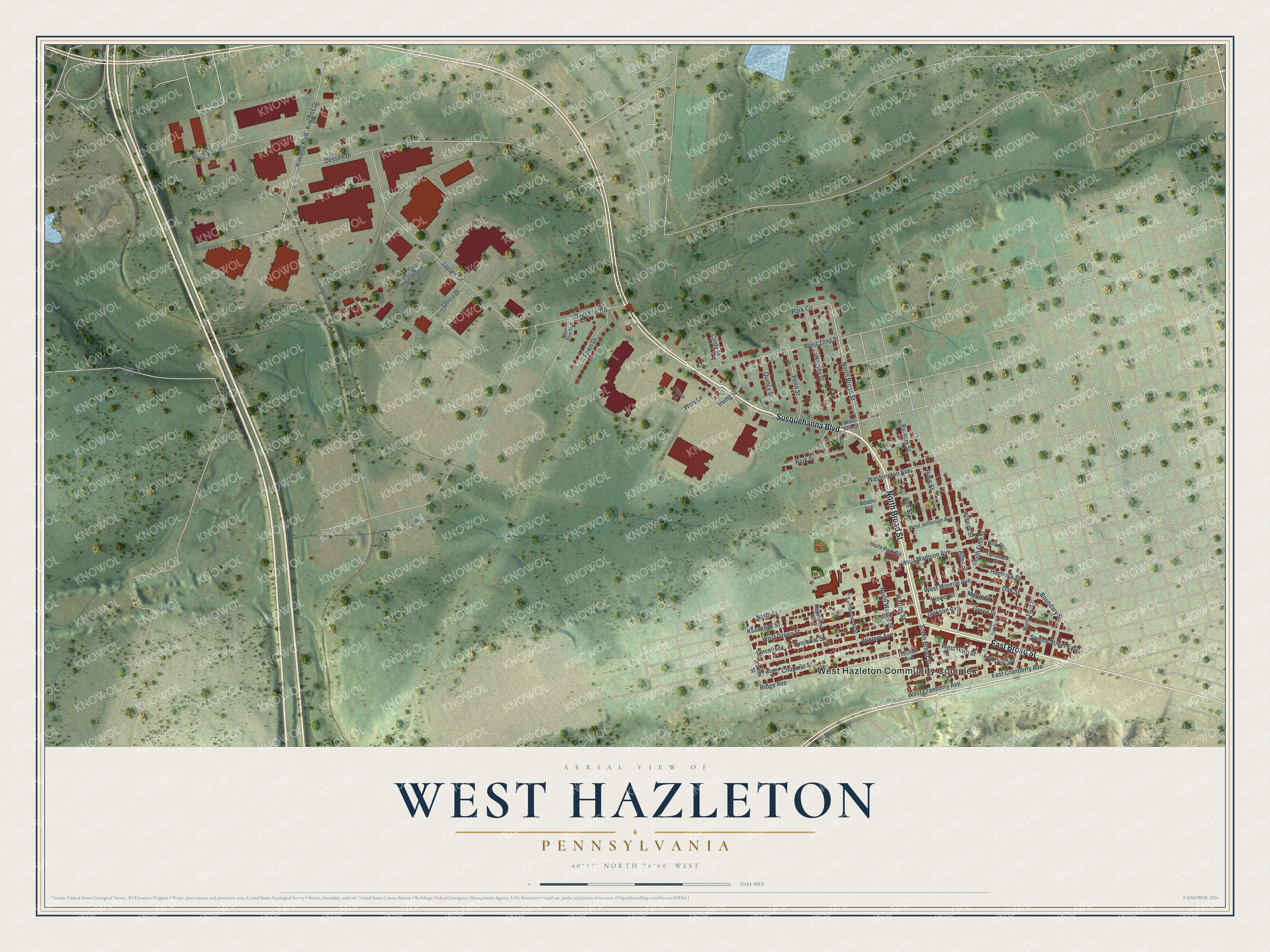 Full map of West Hazleton, Pennsylvania, with red buildings, printed street names and the land around them
