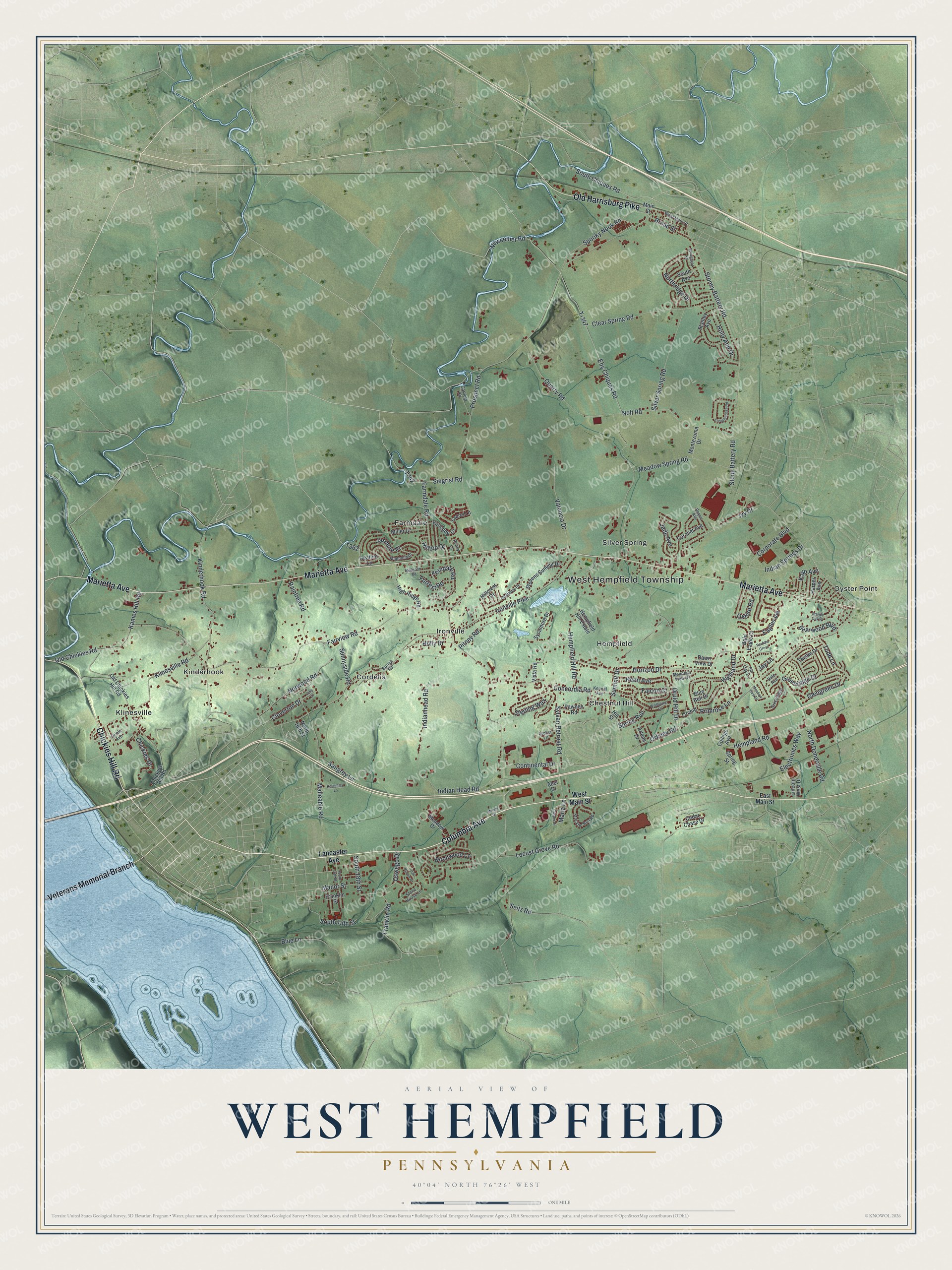 Map of West Hempfield Township with a shaded green ridge across the middle, red buildings and a wide blue river in the lower left