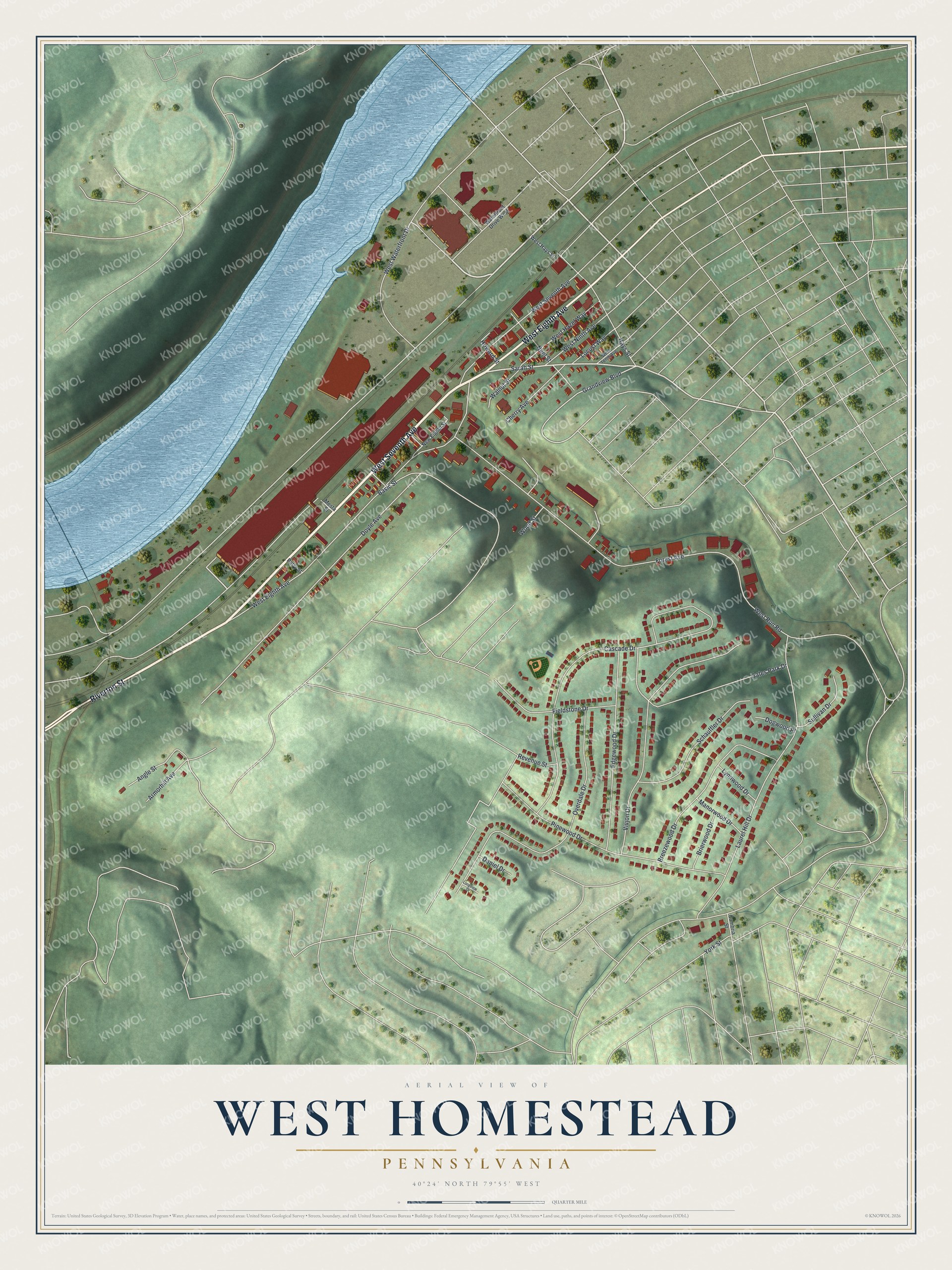 Full map of West Homestead, Pennsylvania, with red buildings, printed street names and the land around them