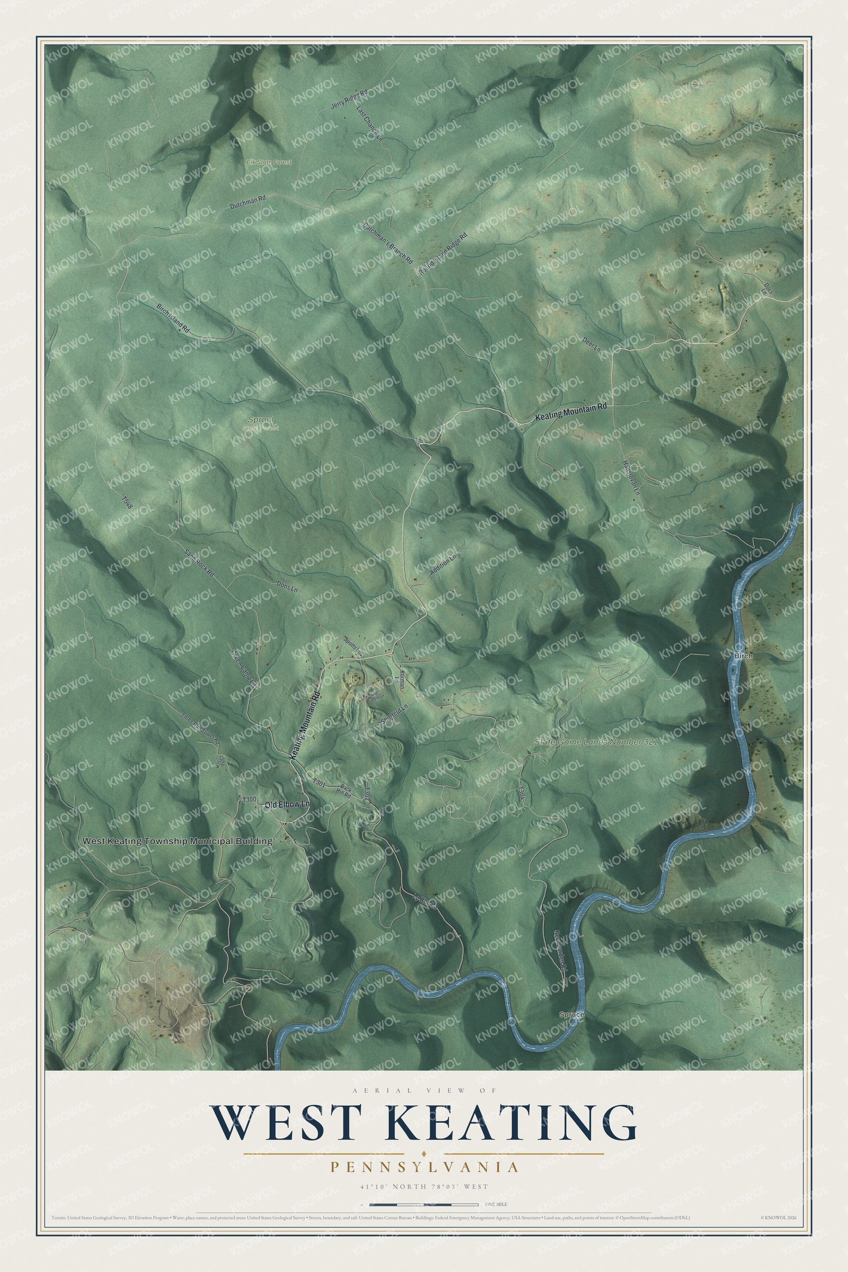 Full map of West Keating, Pennsylvania, with red buildings, printed street names and the land around them