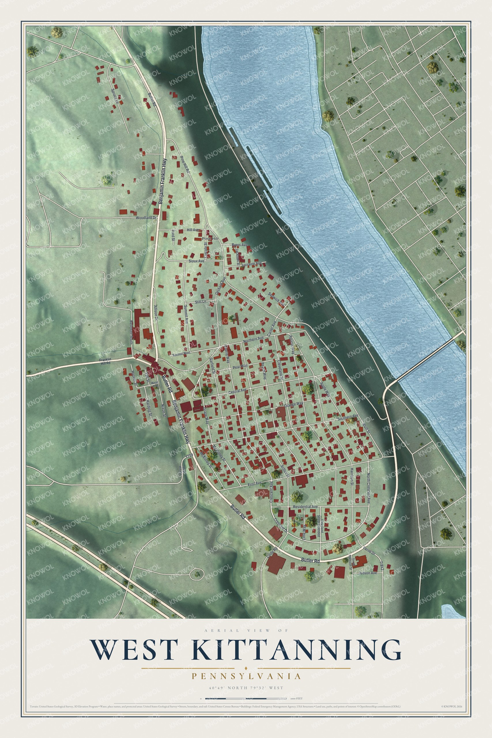 Full map of West Kittanning, Pennsylvania, with red buildings, printed street names and the land around them