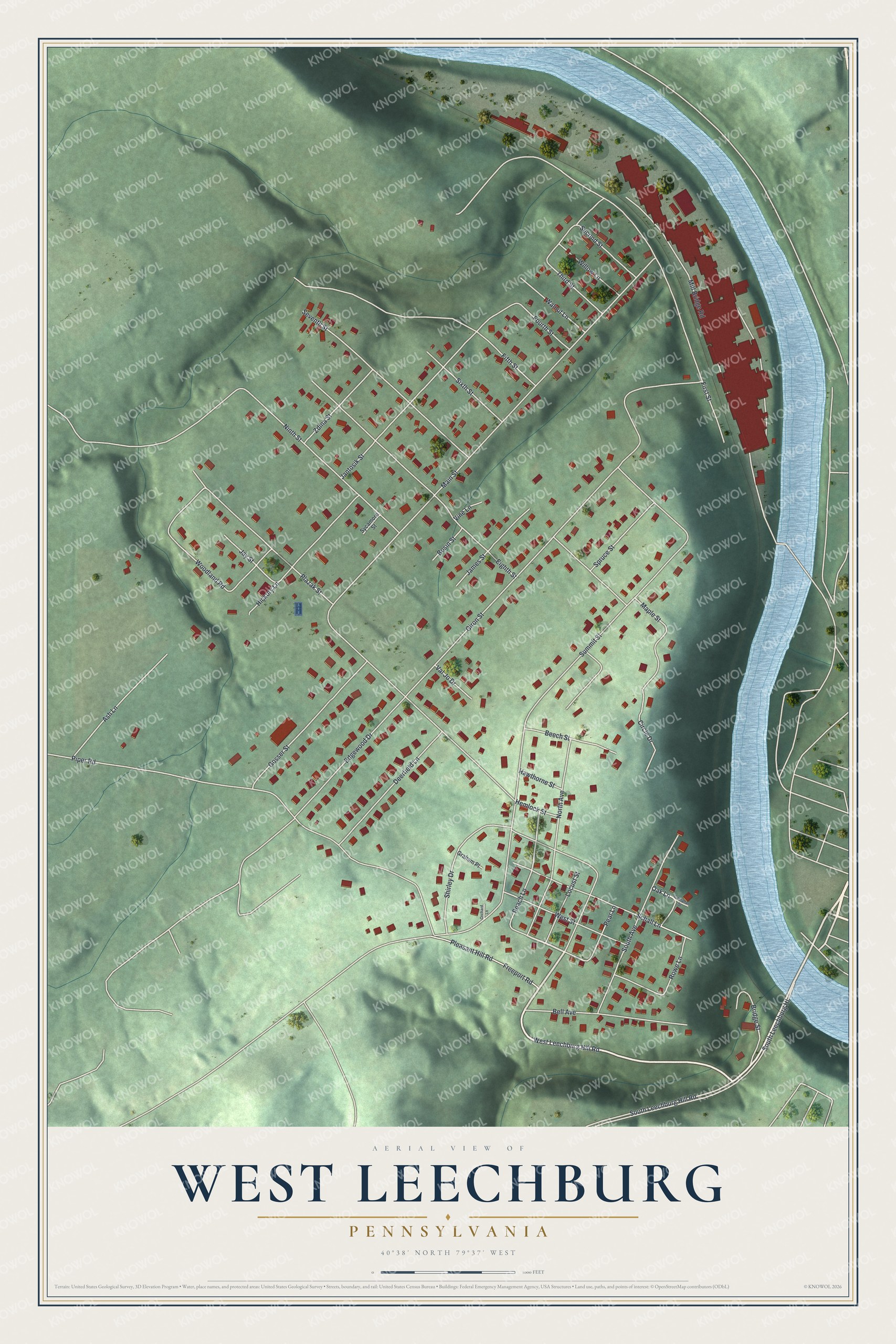 Full map of West Leechburg, Pennsylvania, with red buildings, printed street names and the land around them