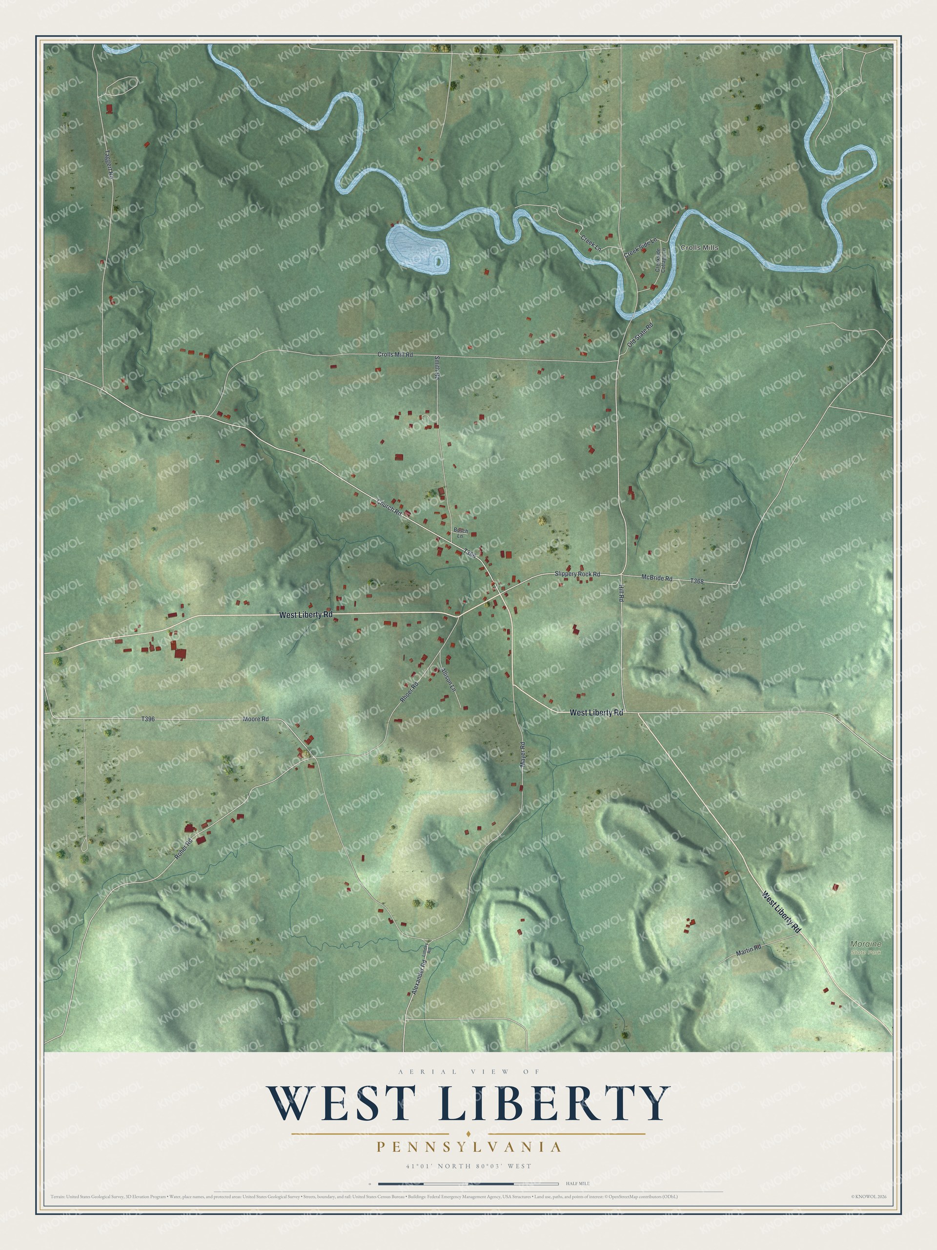 Full map of West Liberty, Pennsylvania, with red buildings, printed street names and the land around them
