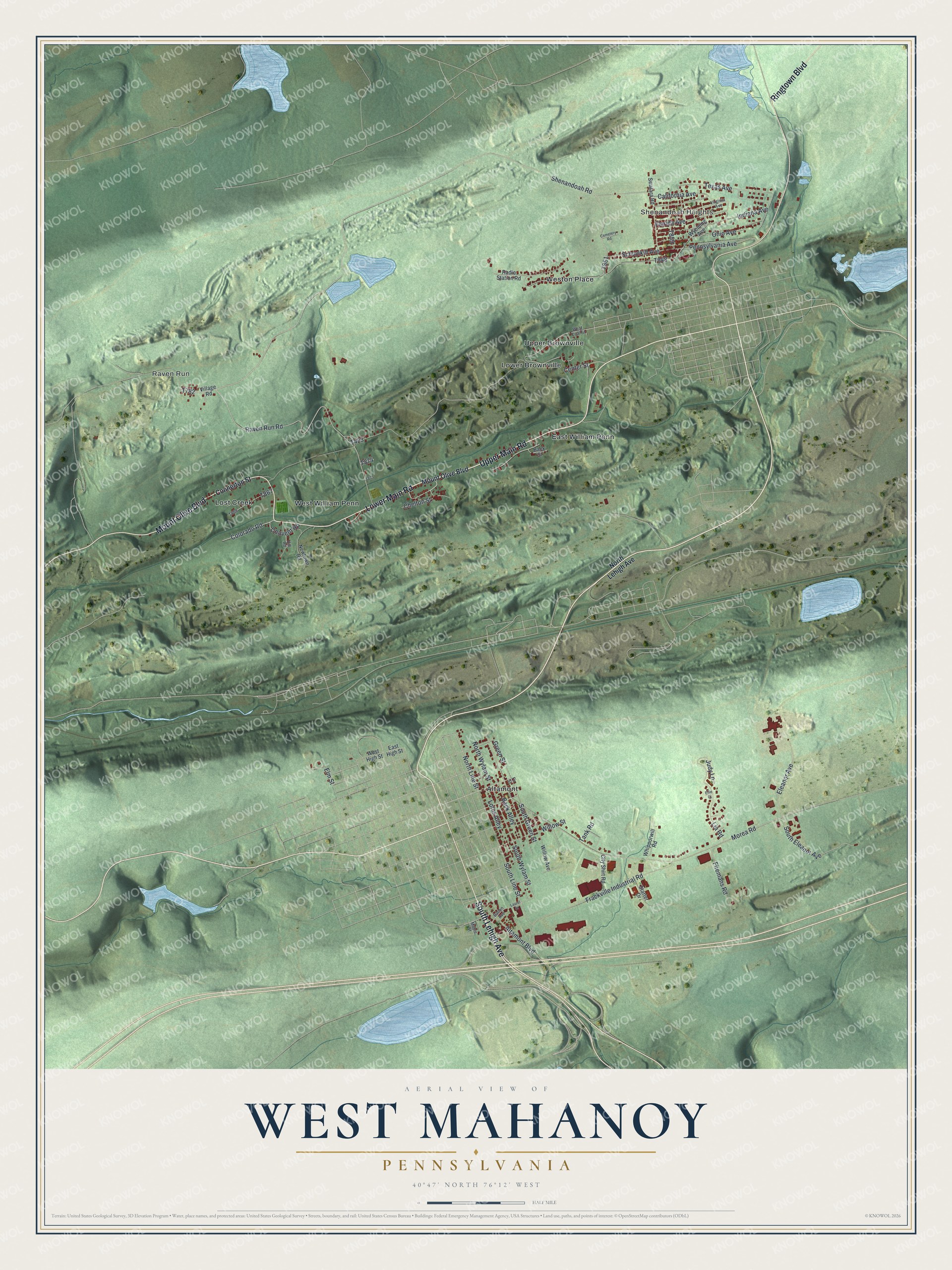 Full map of West Mahanoy, Pennsylvania, with red buildings, printed street names and the land around them