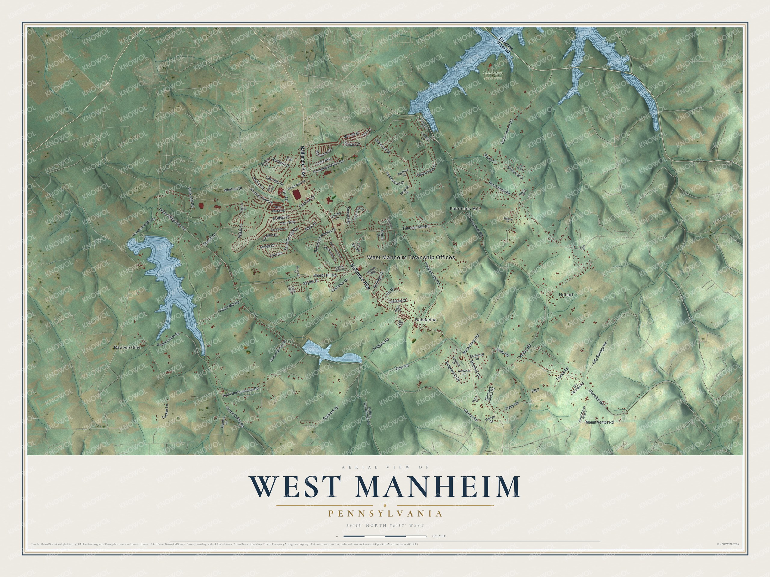 Full map of West Manheim, Pennsylvania, with red buildings, printed street names and the land around them