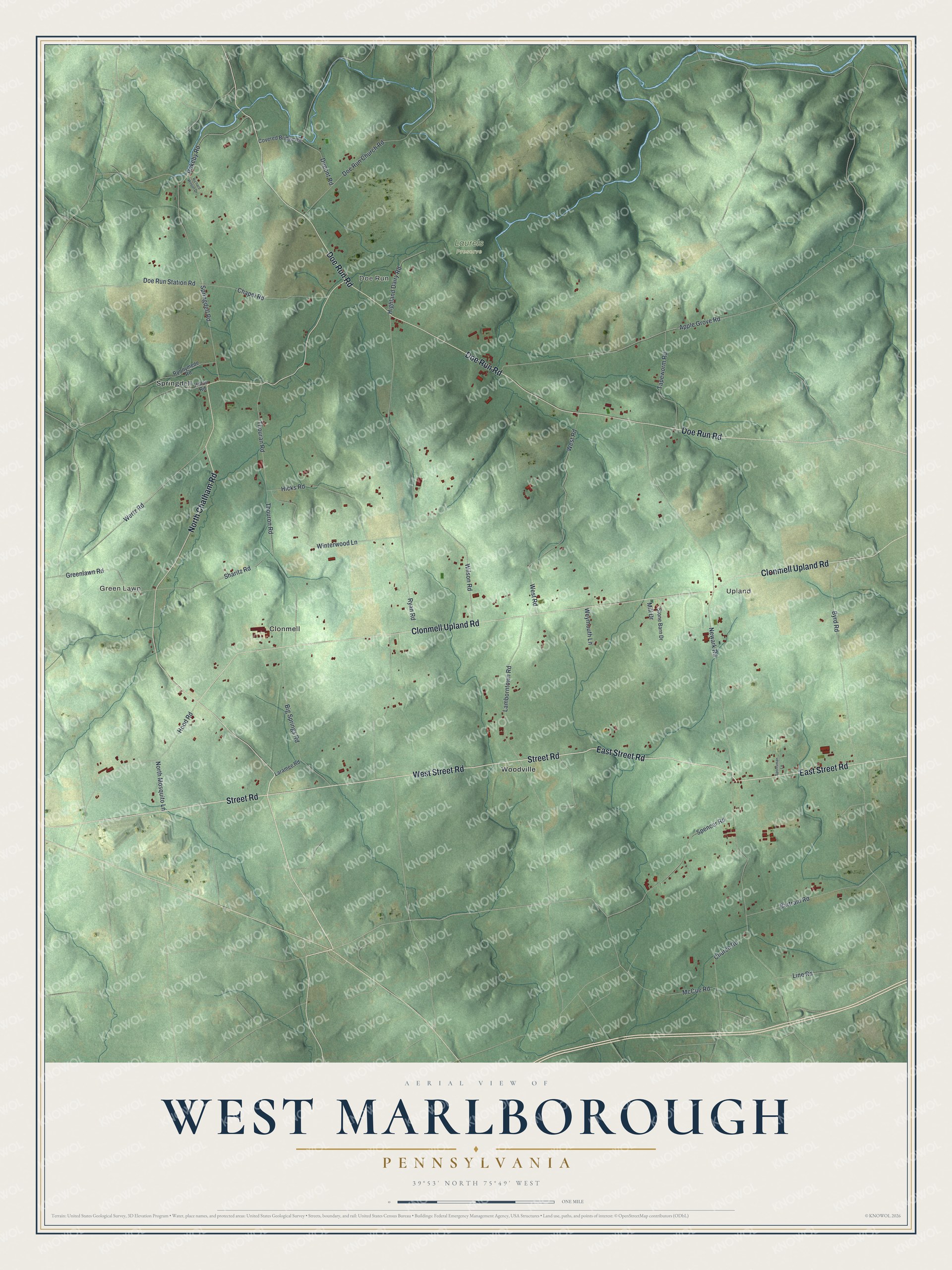 Full map of West Marlborough, Pennsylvania, with red buildings, printed street names and the land around them