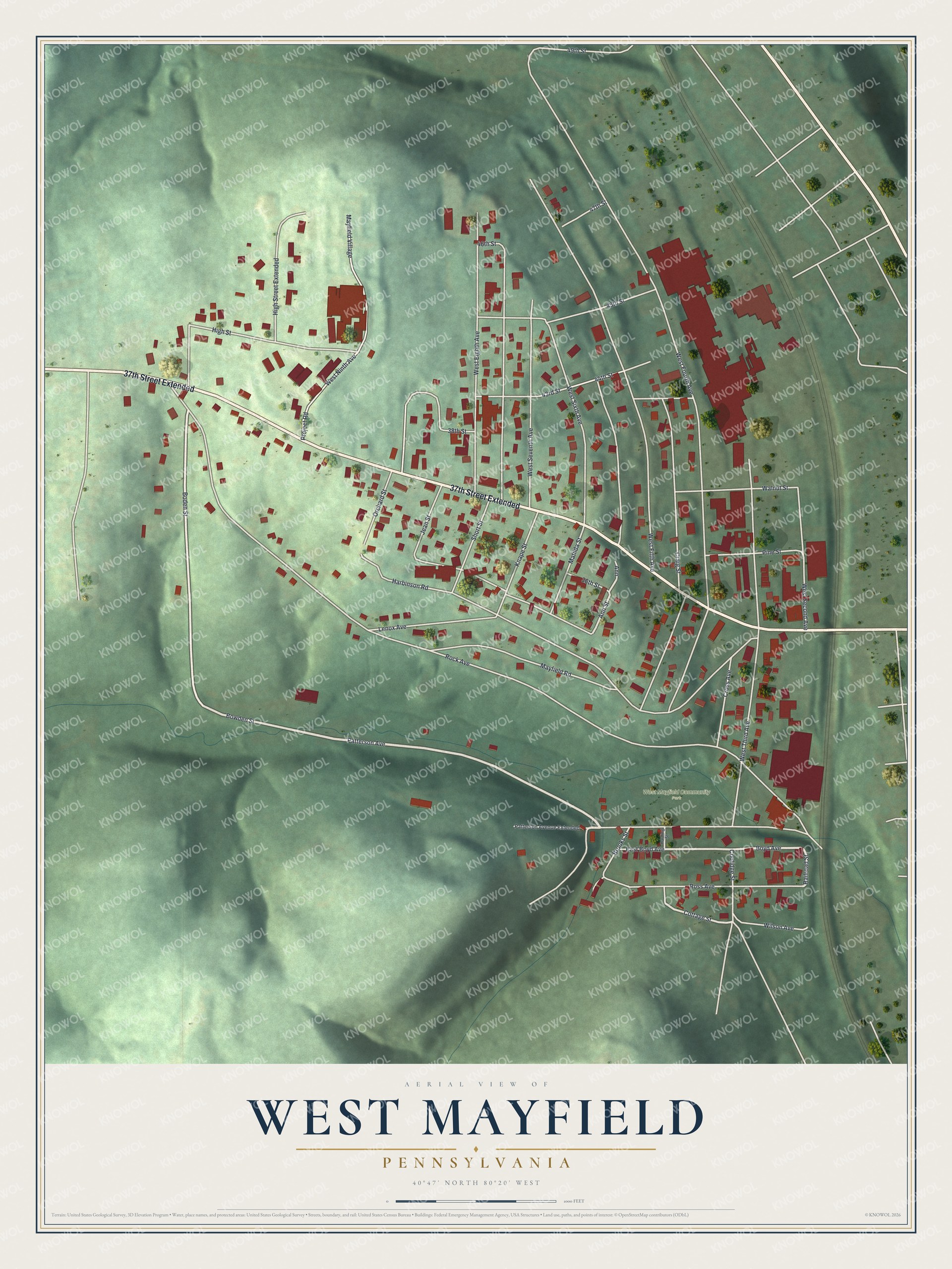 Full map of West Mayfield, Pennsylvania, with red buildings, printed street names and the land around them