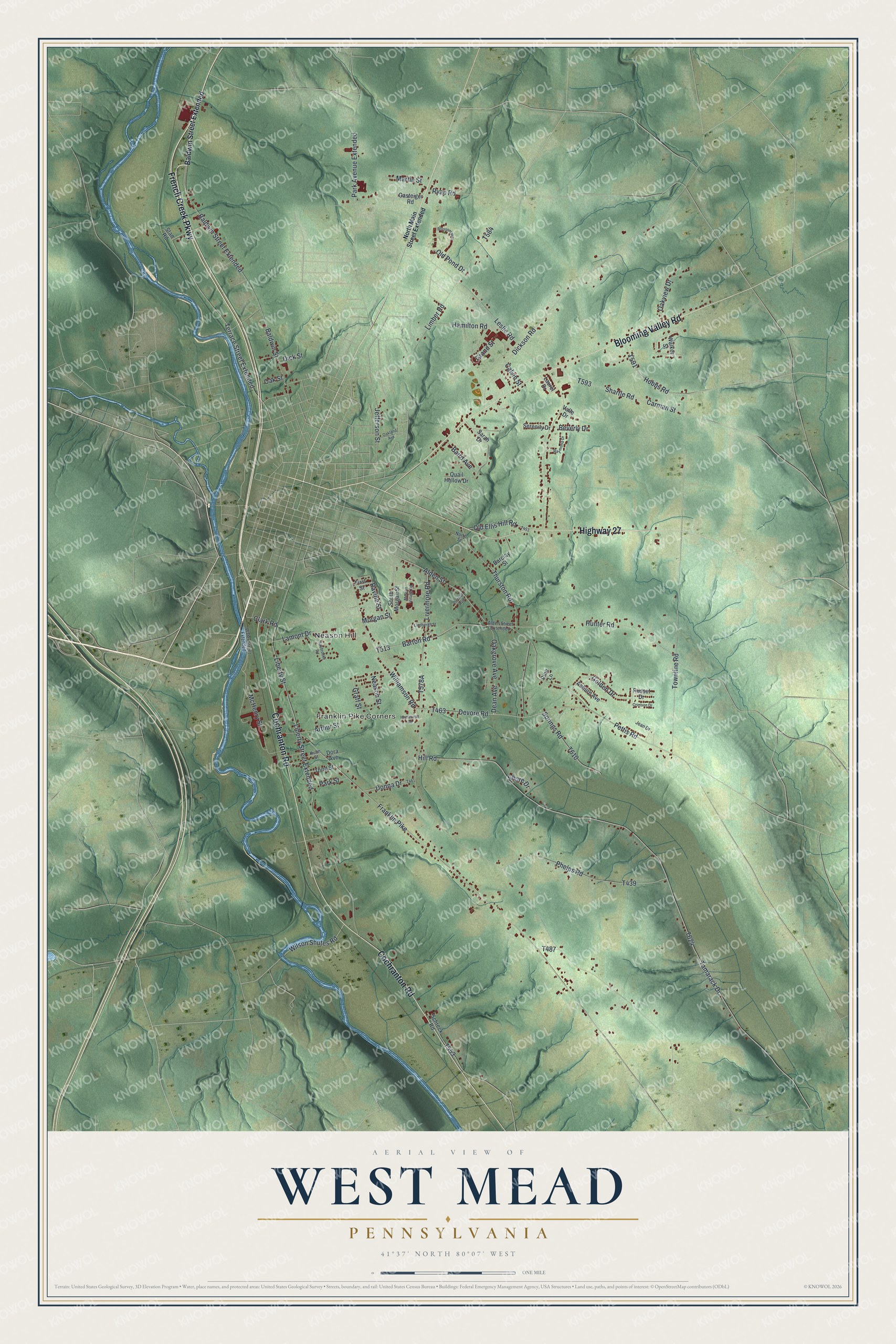 Full map of West Mead, Pennsylvania, with red buildings, printed street names and the land around them