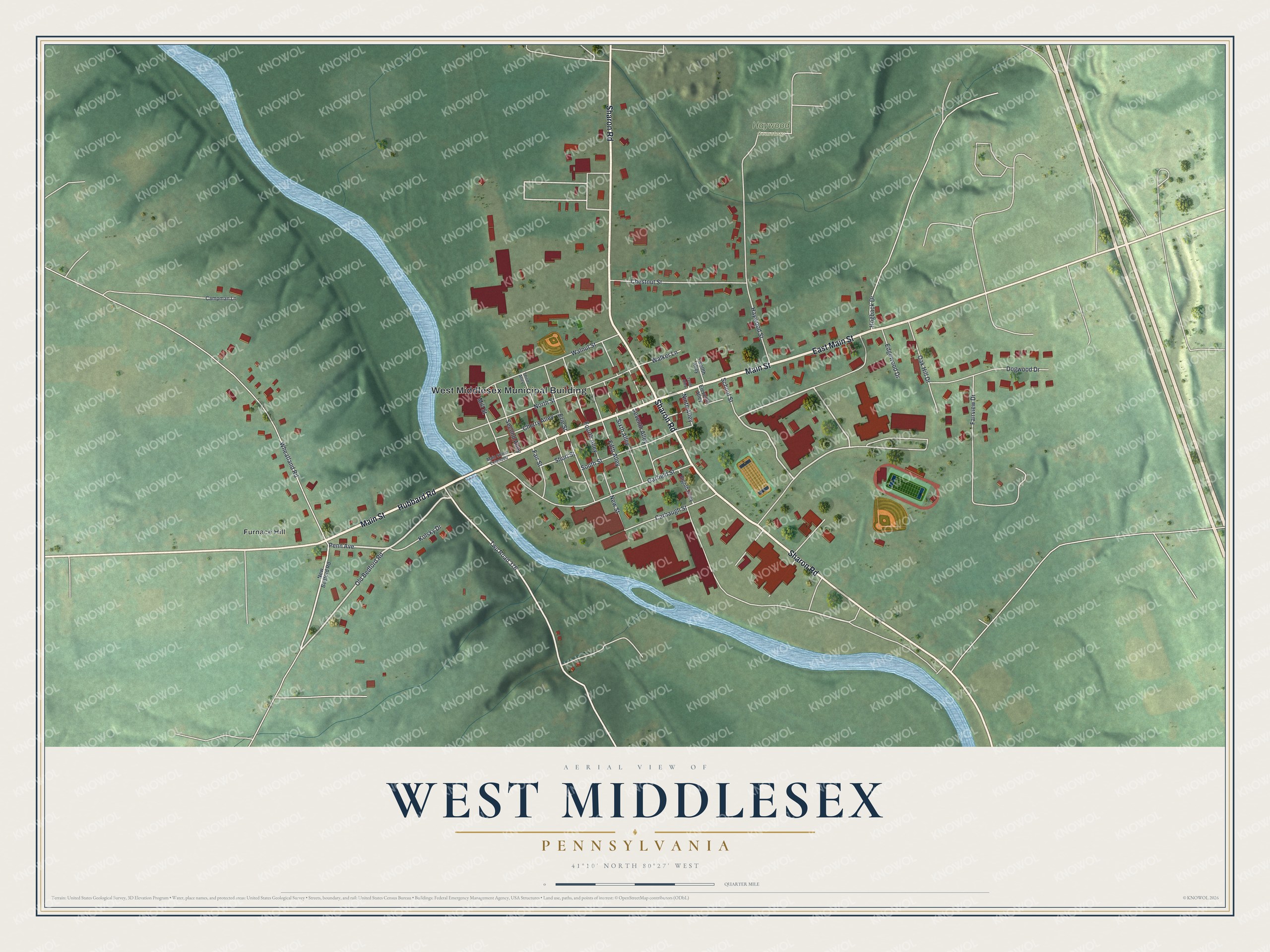 Full map of West Middlesex, Pennsylvania, with red buildings, printed street names and the land around them