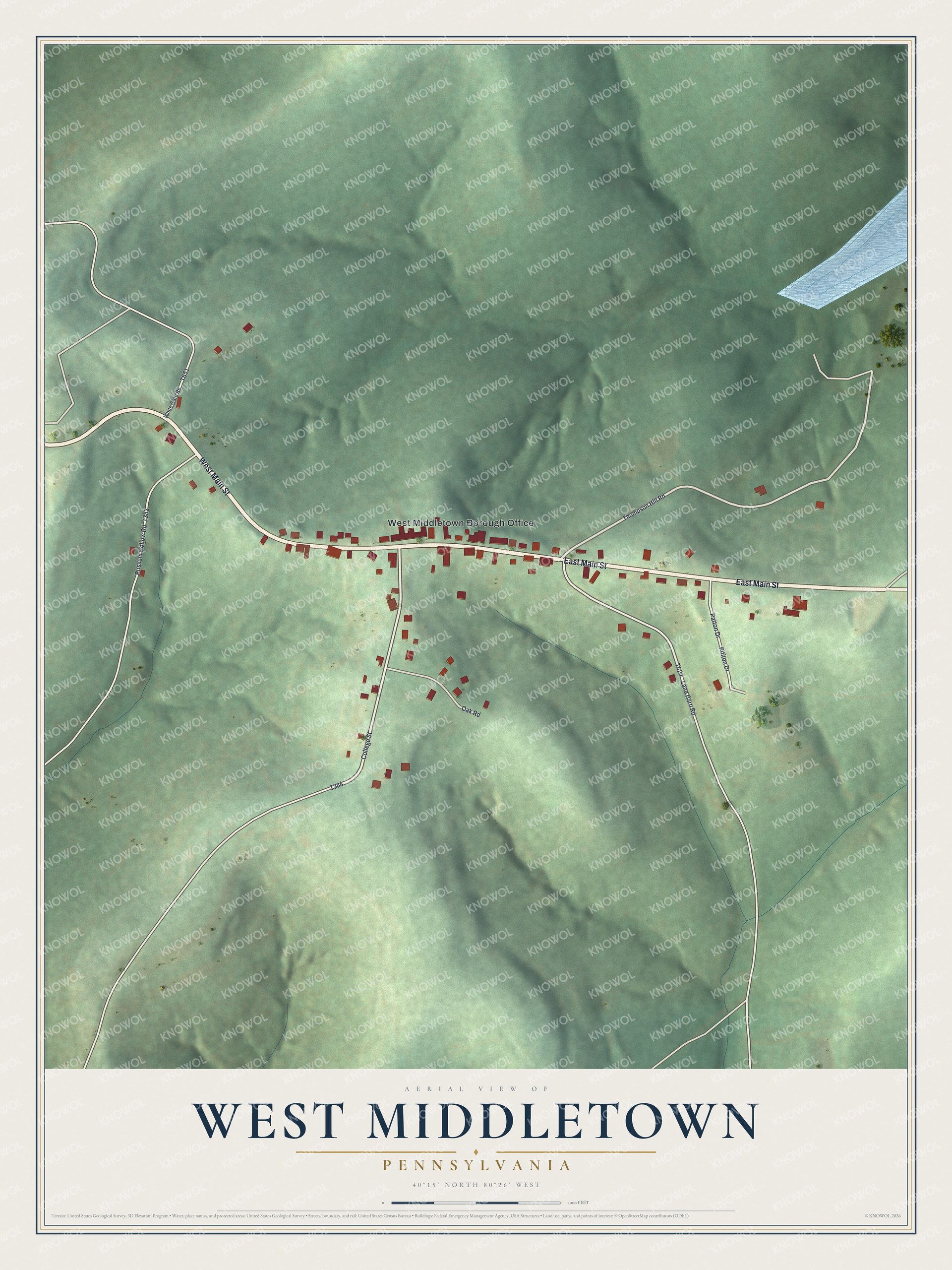 Full map of West Middletown, Pennsylvania, with red buildings, printed street names and the land around them