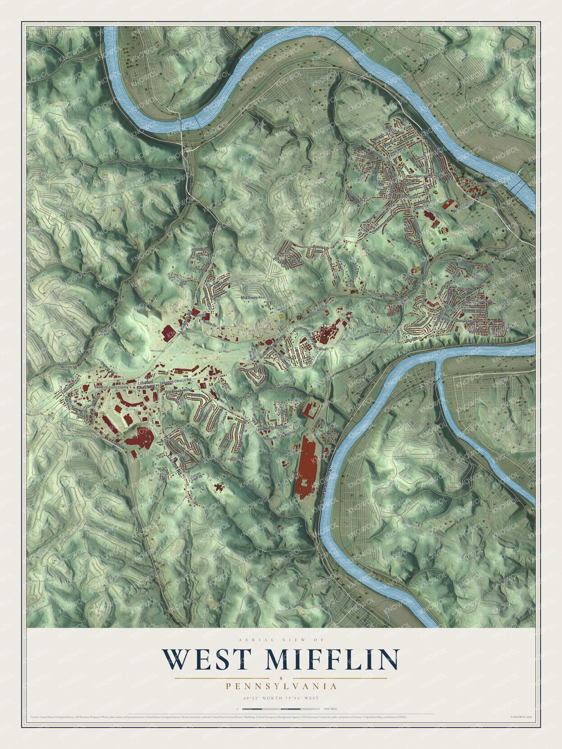 Full West Mifflin map with green shaded hills, blue river bends, red buildings and a cream title panel