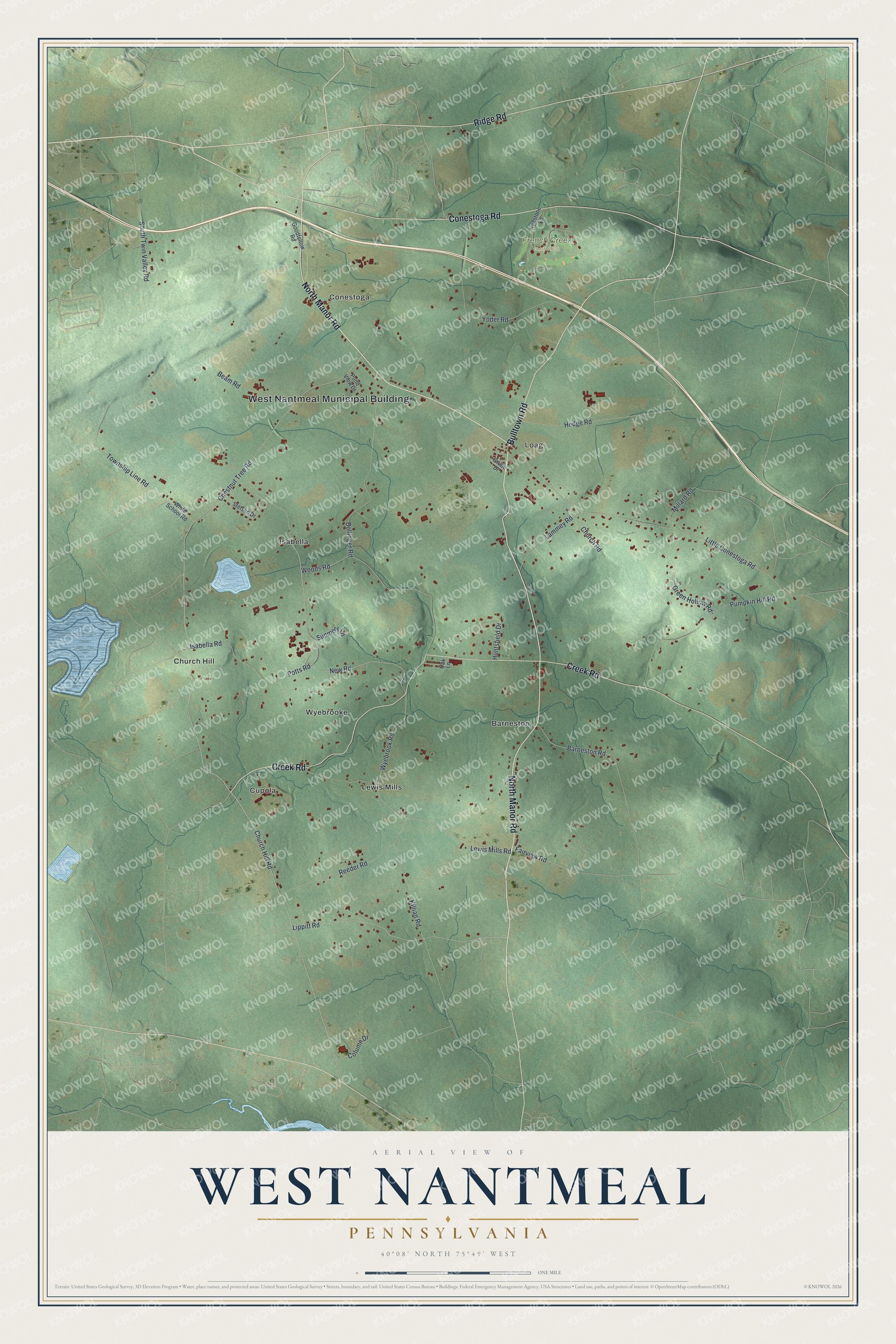 Full map of West Nantmeal, Pennsylvania, with red buildings, printed street names and the land around them