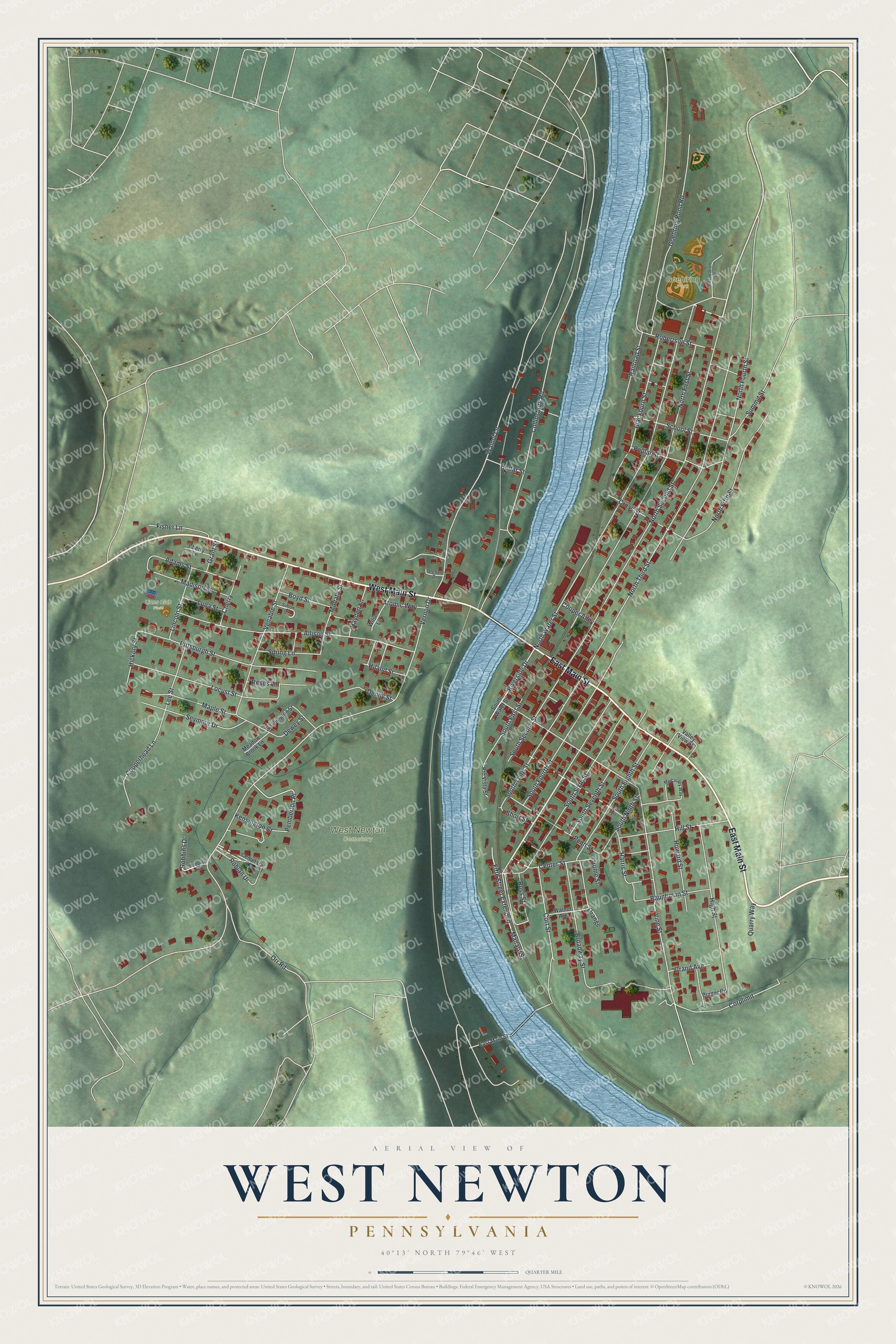Full map of West Newton, Pennsylvania, with red buildings, printed street names and the land around them