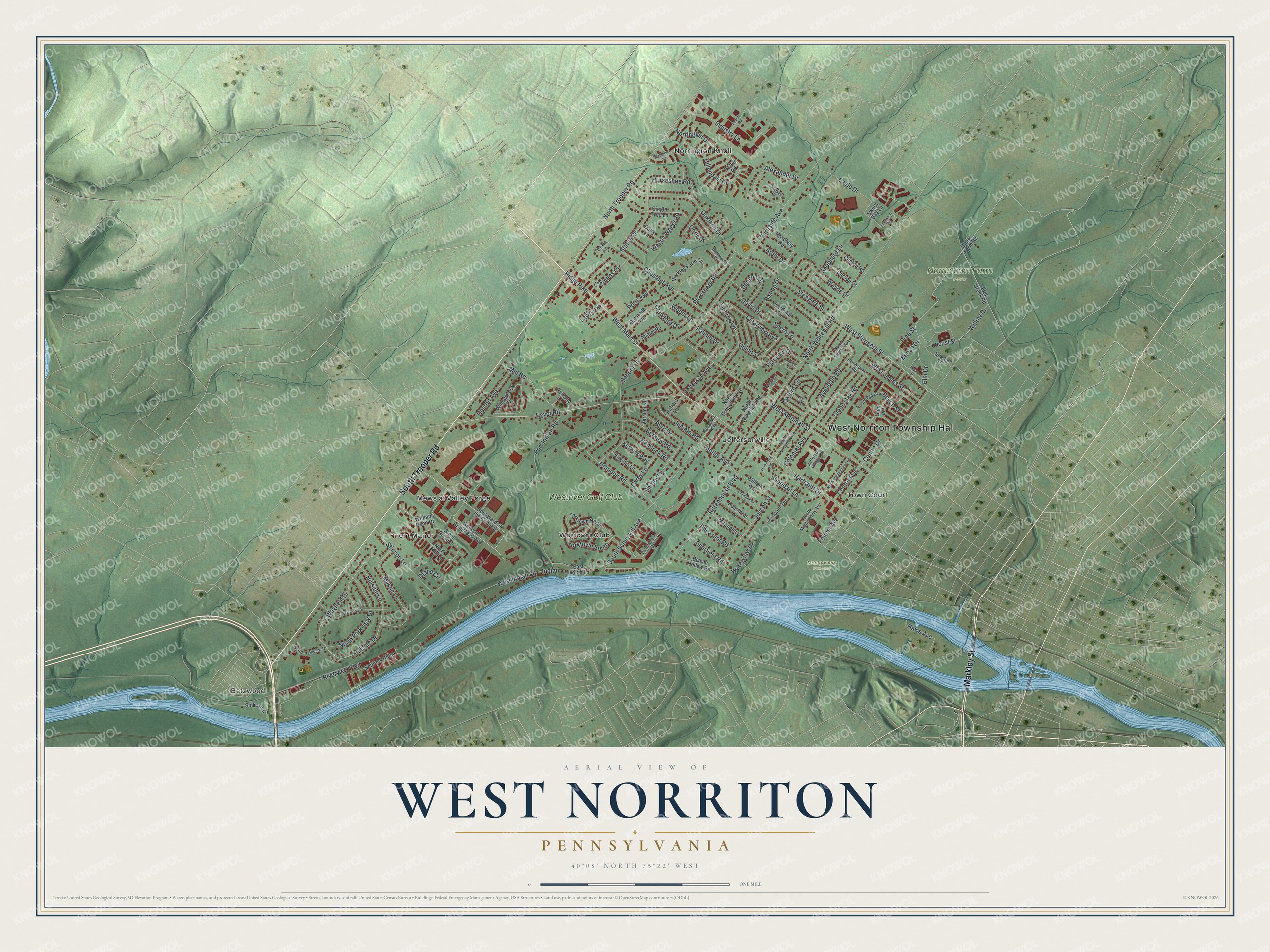 Full map of West Norriton, Pennsylvania, with red buildings, printed street names and the land around them