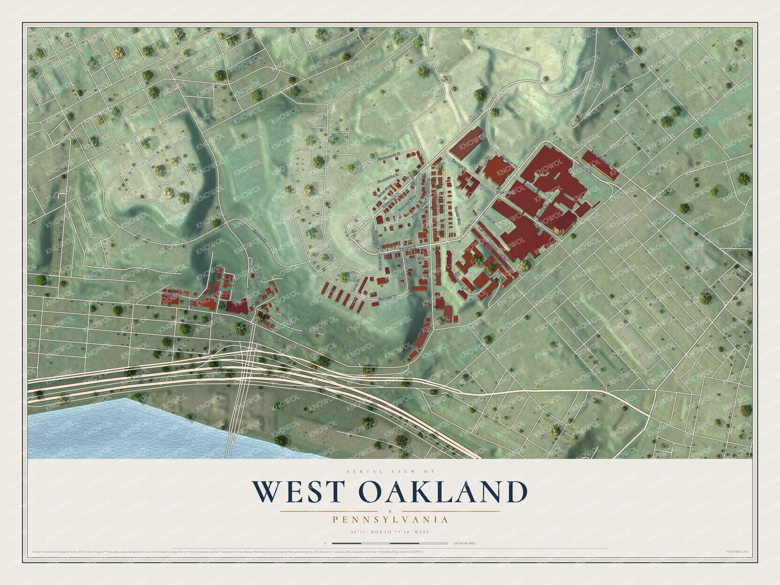 West Oakland aerial map with red buildings, green hills, pale streets and a cream title panel along the bottom