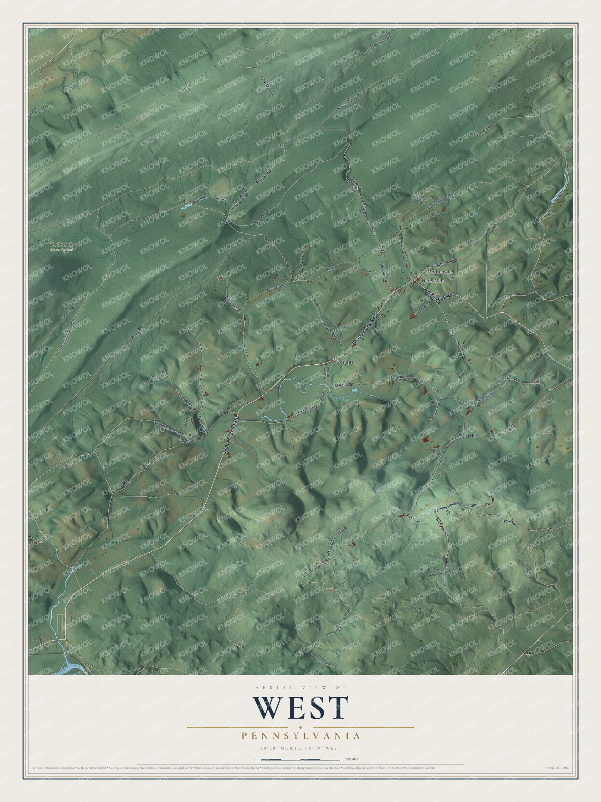 Full map of West, Pennsylvania, with red buildings, printed street names and the land around them