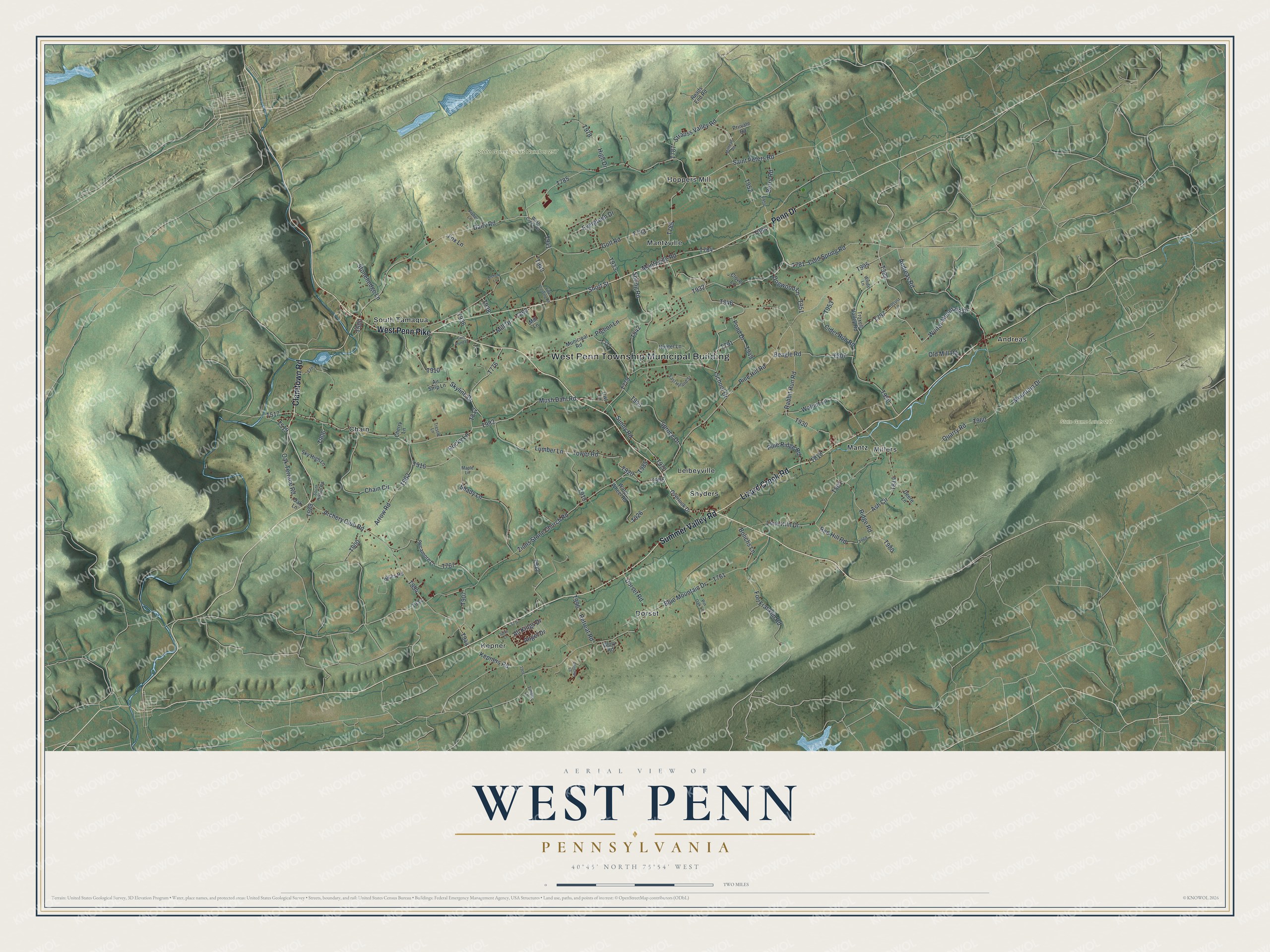 Full map of West Penn, Pennsylvania, with red buildings, printed street names and the land around them