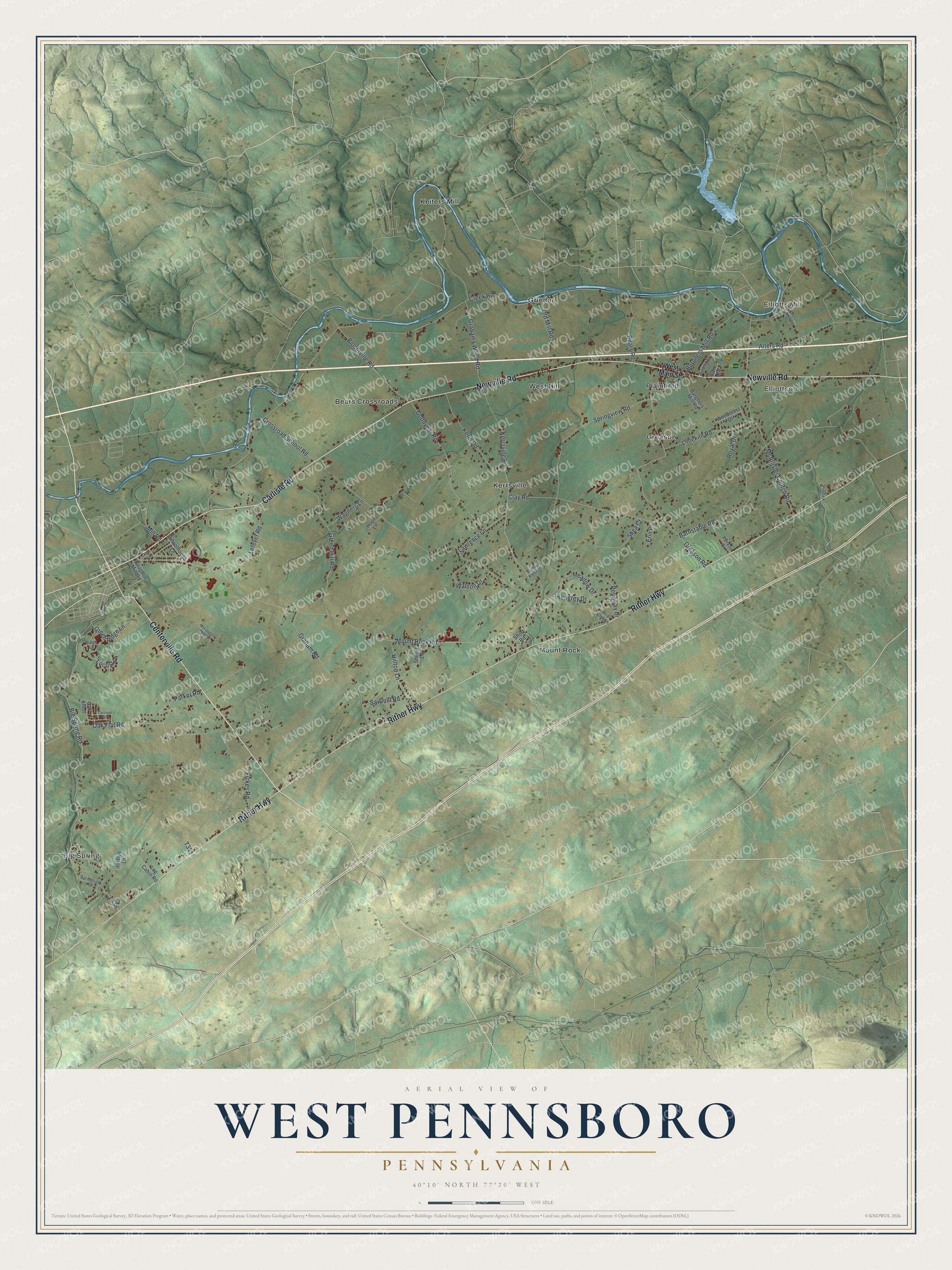 Full map of West Pennsboro, Pennsylvania, with red buildings, printed street names and the land around them