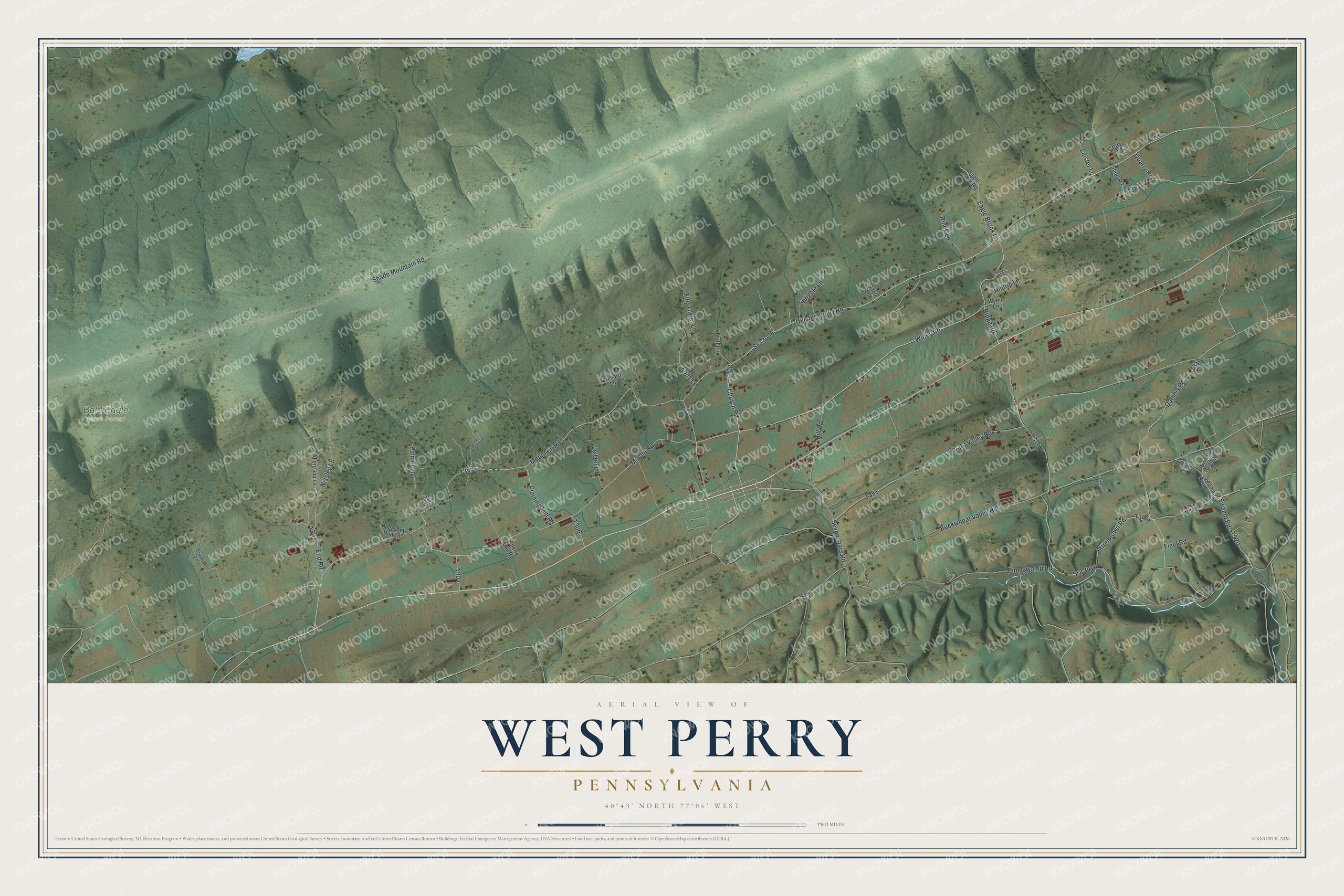 Full map of West Perry, Pennsylvania, with red buildings, printed street names and the land around them