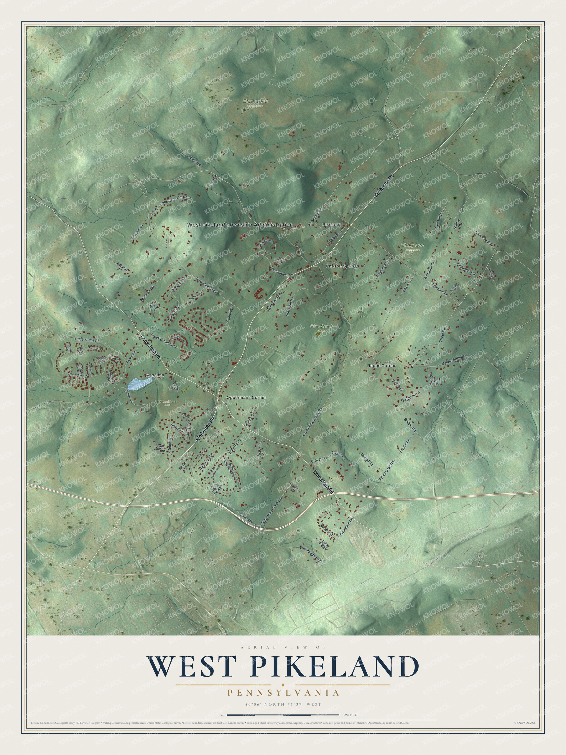 Full map of West Pikeland, Pennsylvania, with red buildings, printed street names and the land around them
