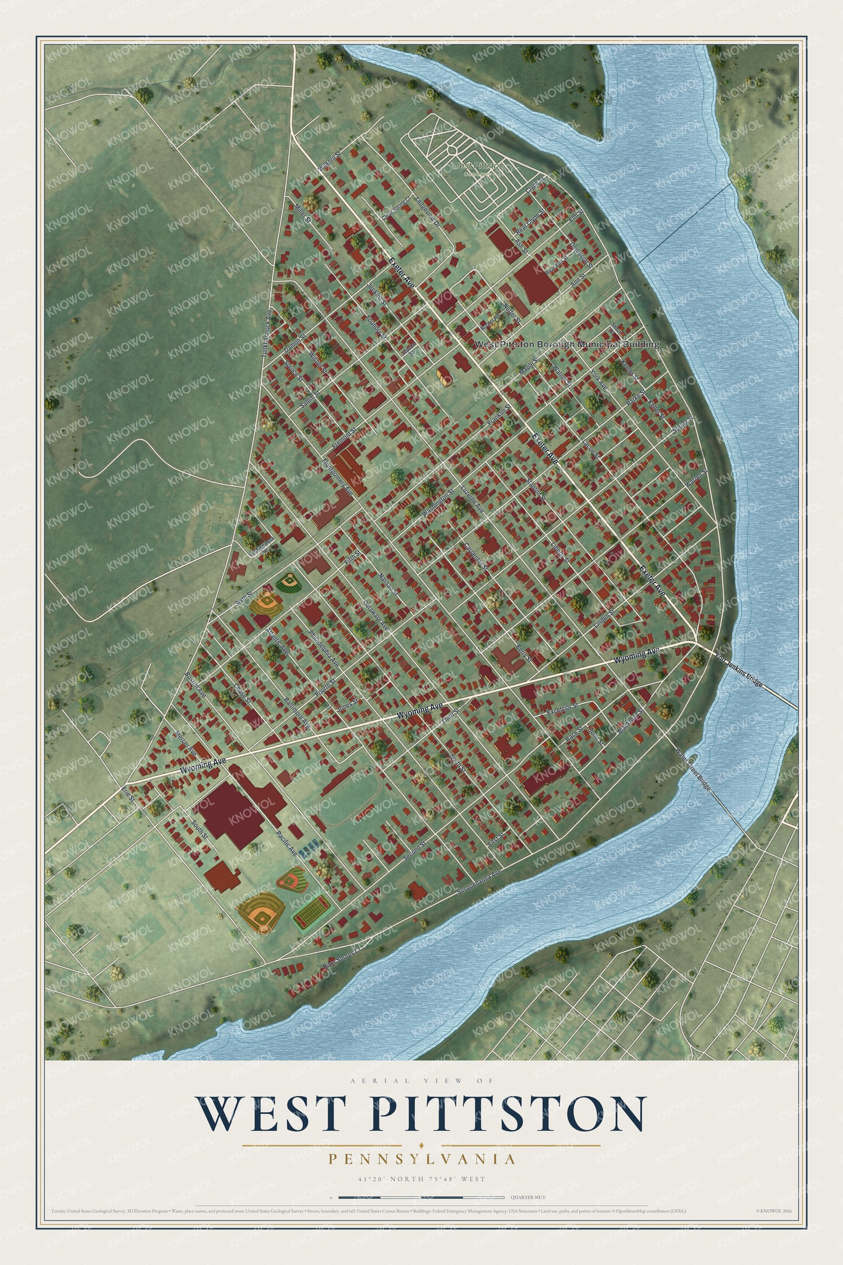 Full map of West Pittston, Pennsylvania, with red buildings, printed street names and the land around them