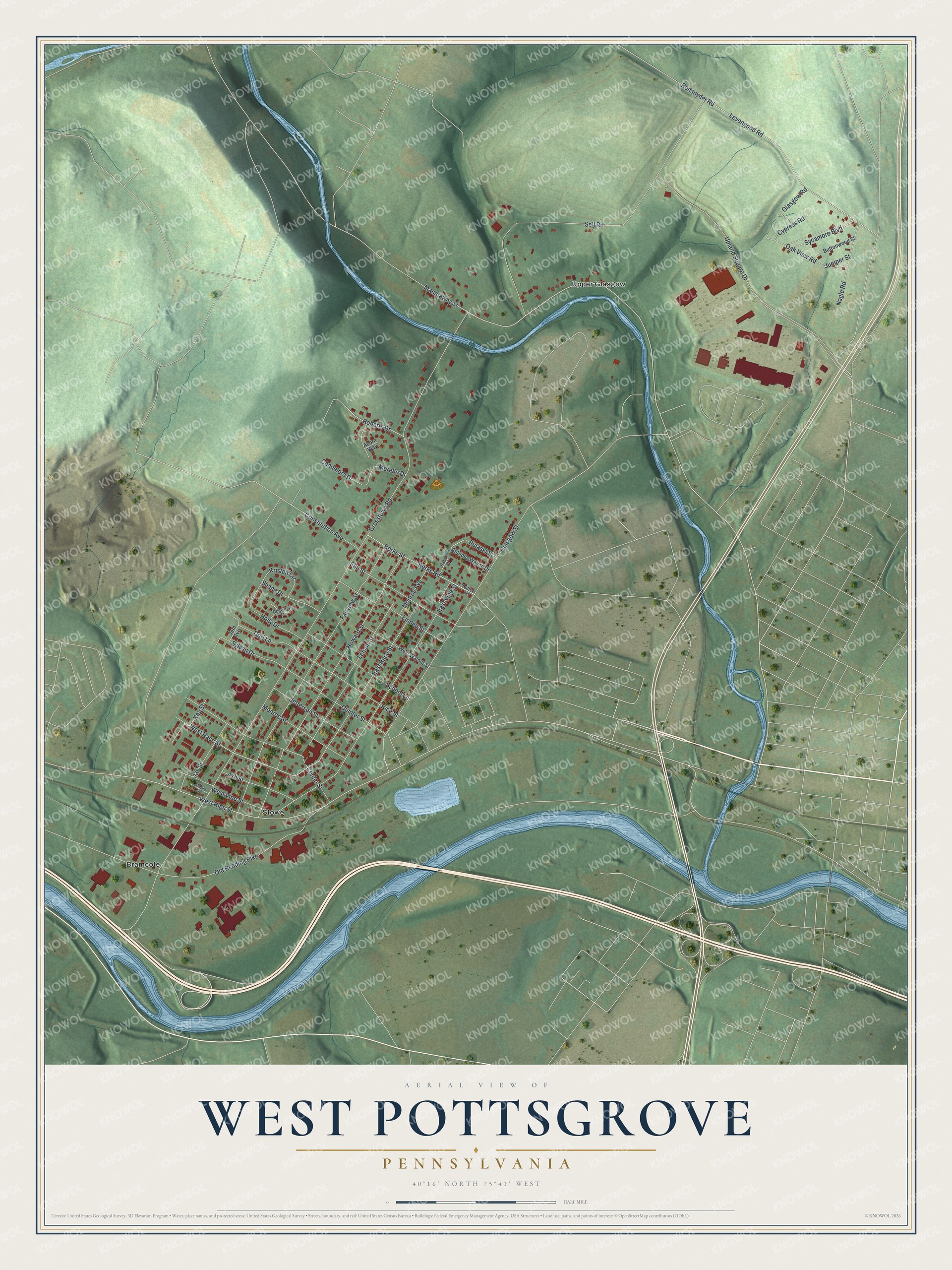 Full map of West Pottsgrove, Pennsylvania, with red buildings, printed street names and the land around them