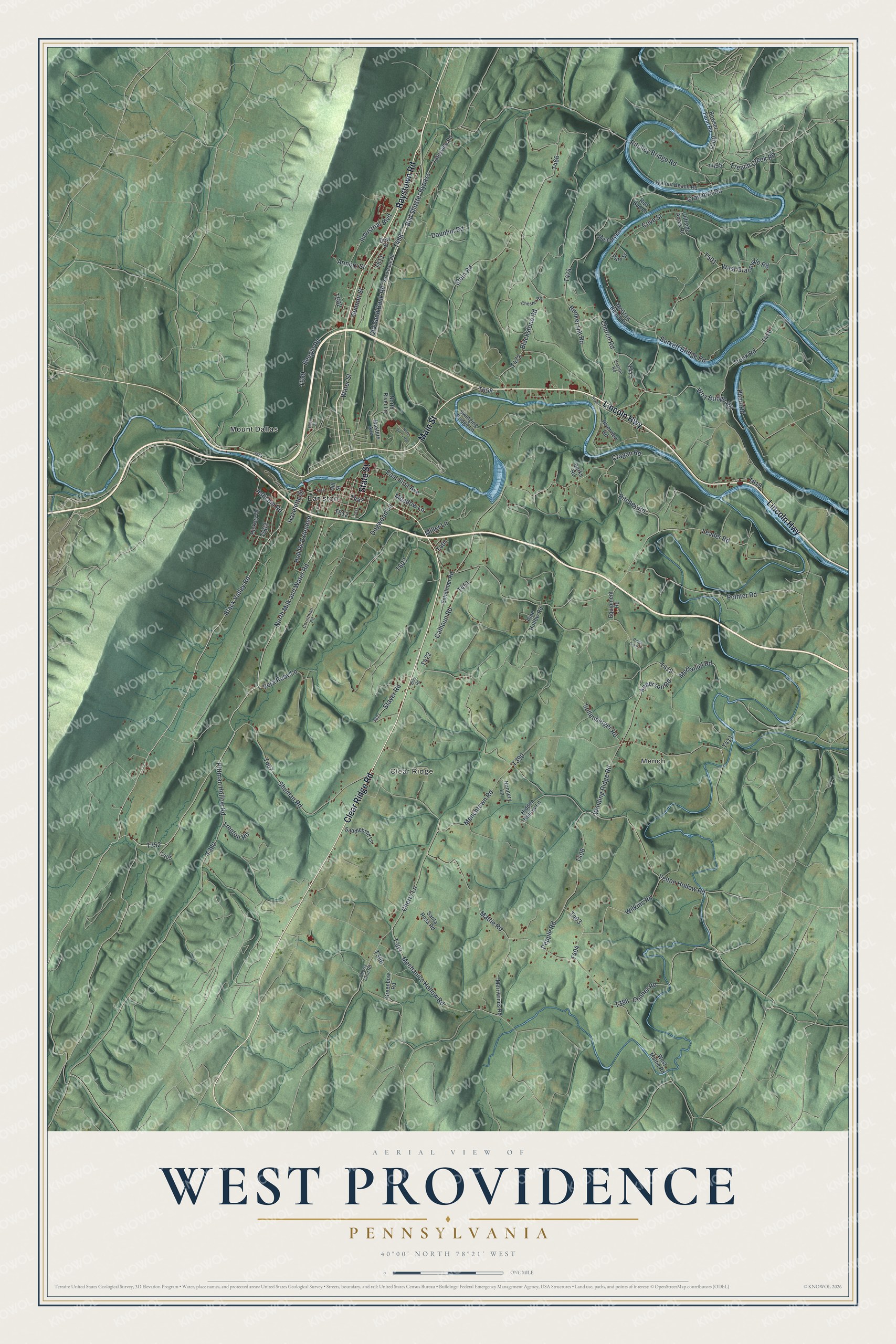 Full map of West Providence, Pennsylvania, with red buildings, printed street names and the land around them