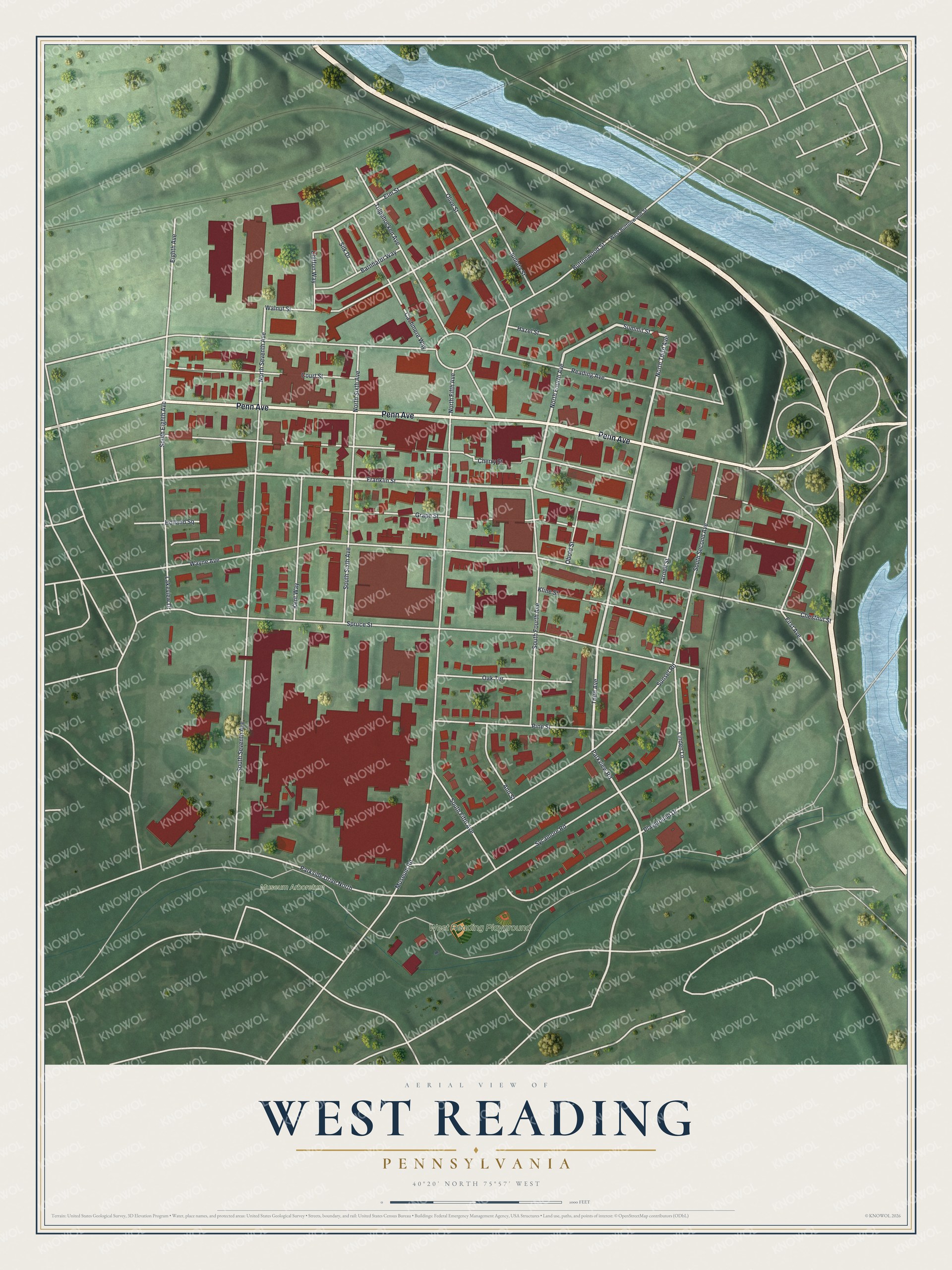Full map of West Reading, Pennsylvania, with red buildings, printed street names and the land around them