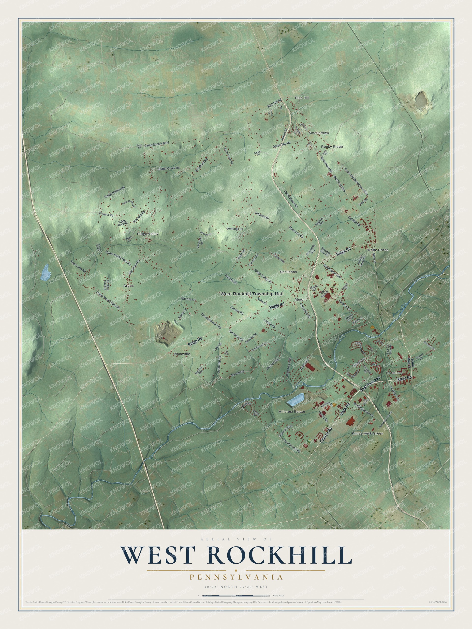 Full map of West Rockhill, Pennsylvania, with red buildings, printed street names and the land around them