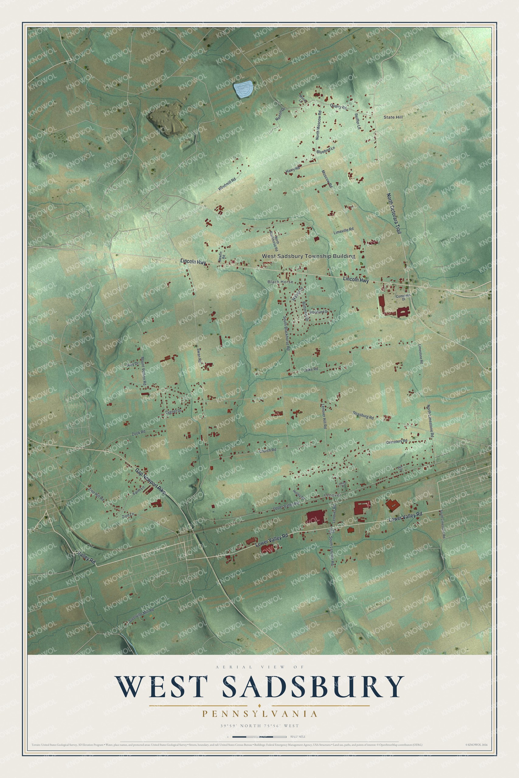 Full map of West Sadsbury, Pennsylvania, with red buildings, printed street names and the land around them