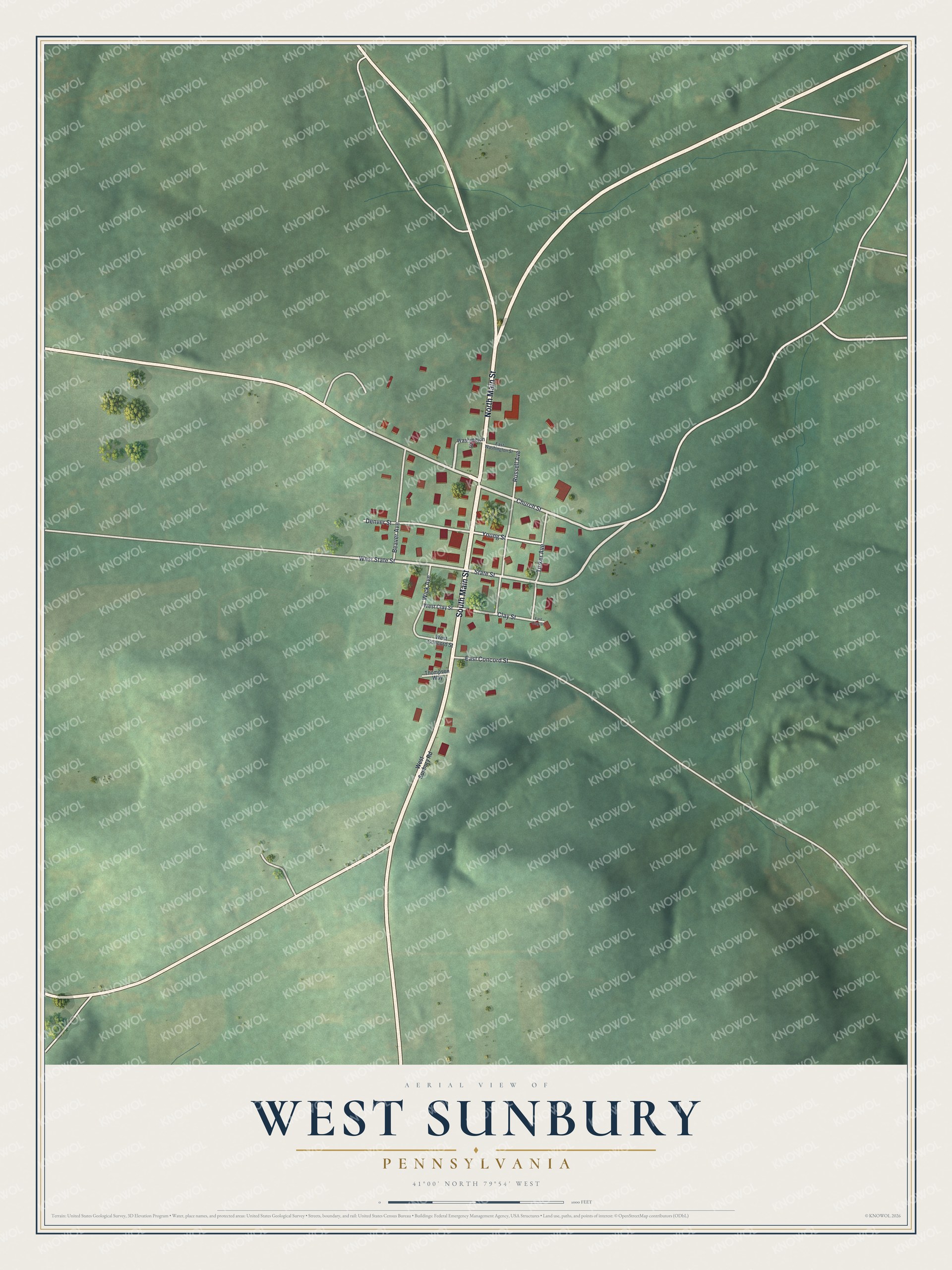 Full map of West Sunbury, Pennsylvania, with red buildings, printed street names and the land around them