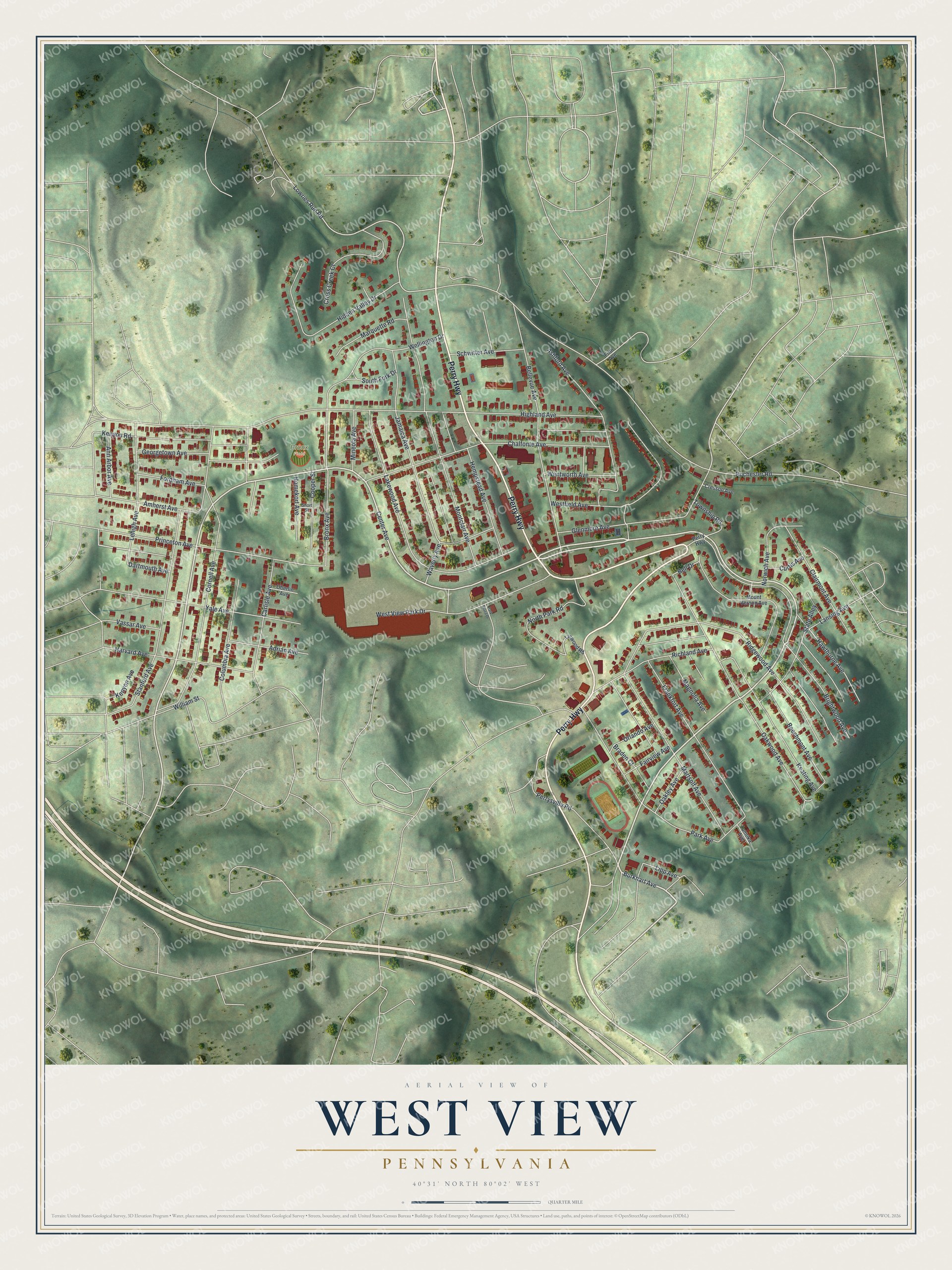 Full map of West View, Pennsylvania, with red buildings, printed street names and the land around them