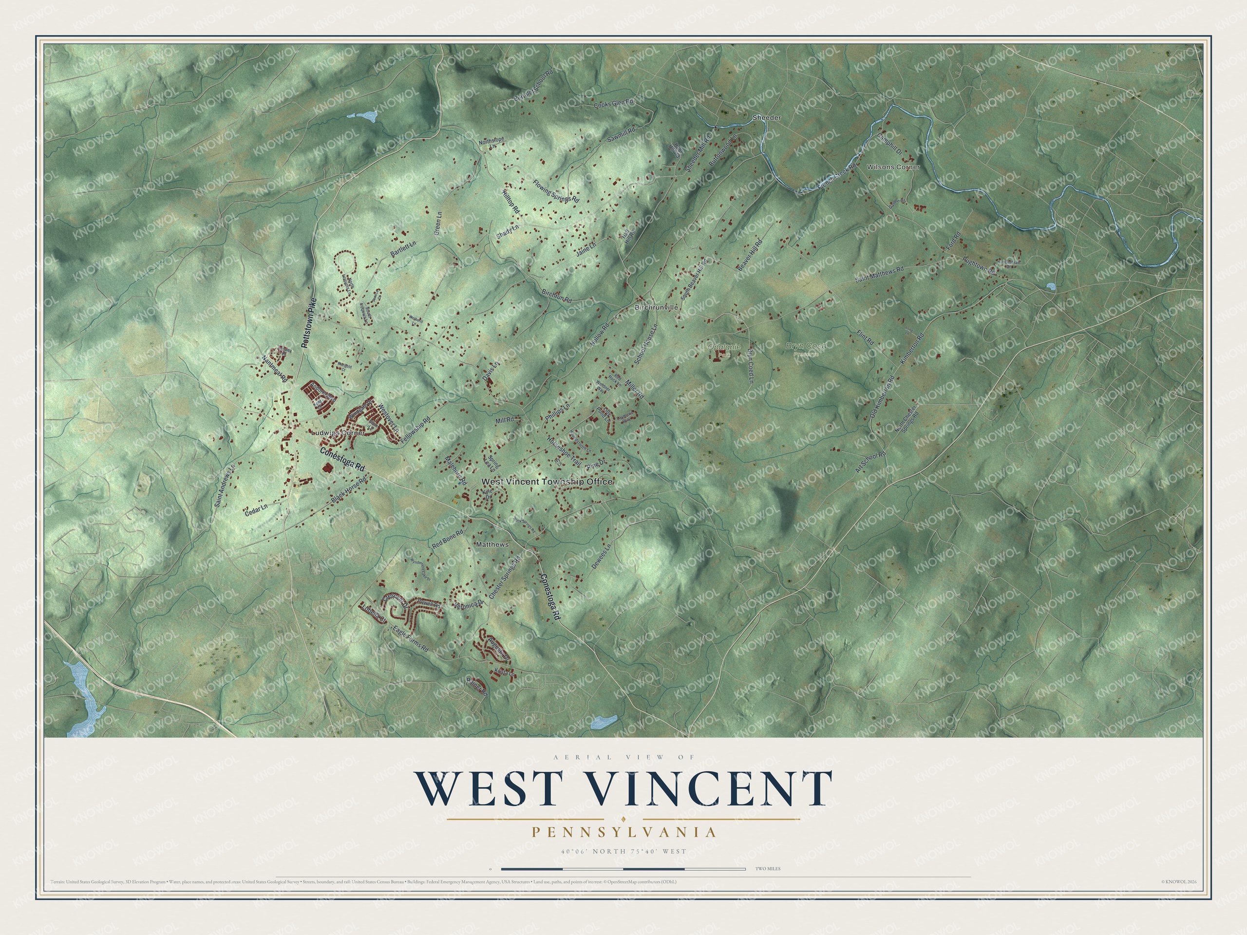 Full map of West Vincent, Pennsylvania, with red buildings, printed street names and the land around them