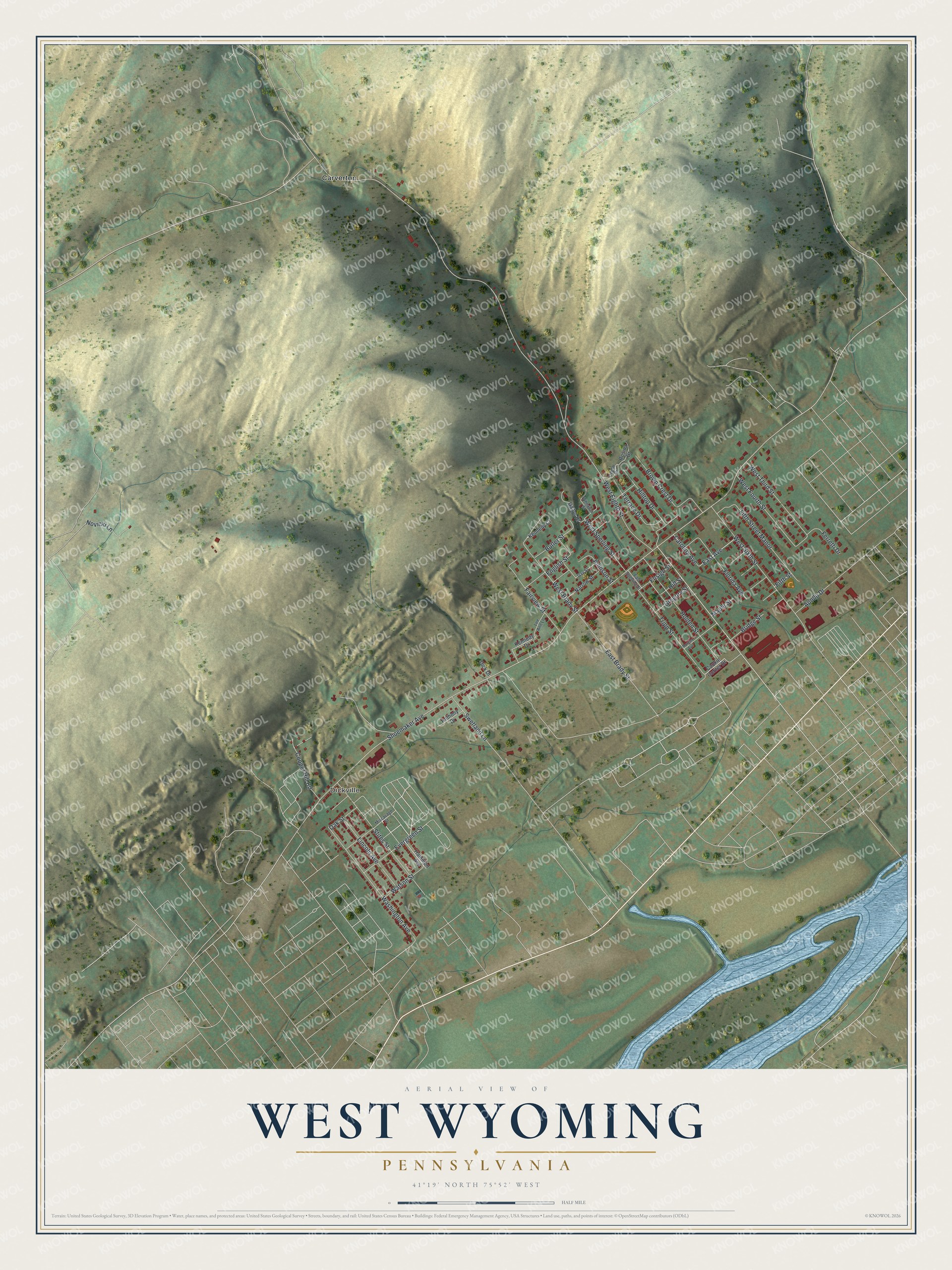 Full map of West Wyoming, Pennsylvania, with red buildings, printed street names and the land around them