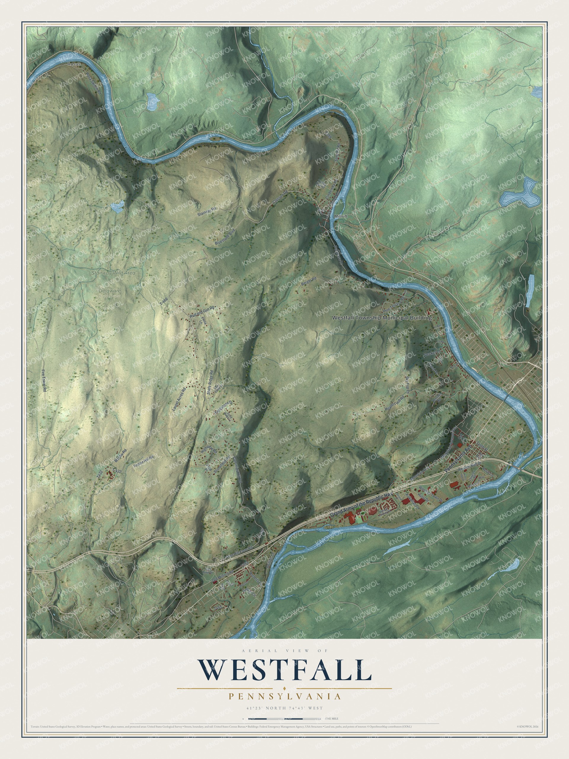 Full map of Westfall, Pennsylvania, with red buildings, printed street names and the land around them