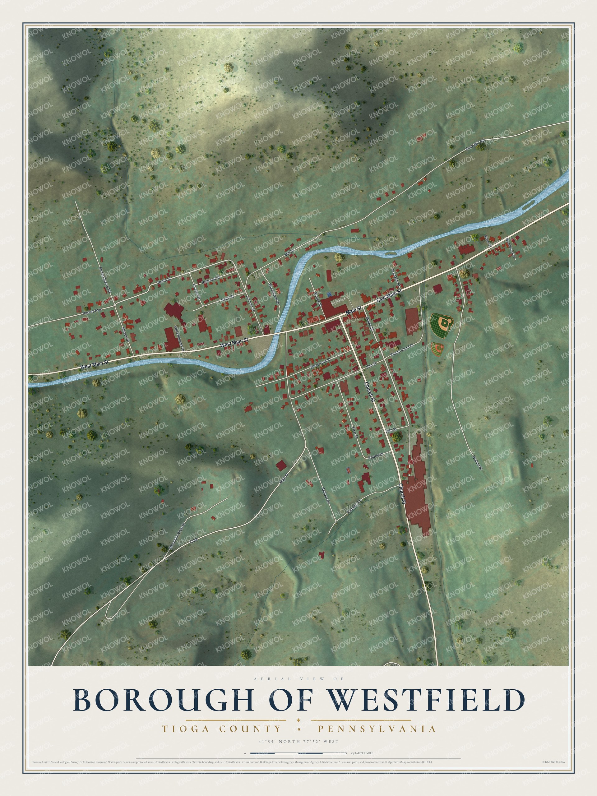 Full map of Westfield Borough, Pennsylvania, with red buildings, printed street names and the land around them