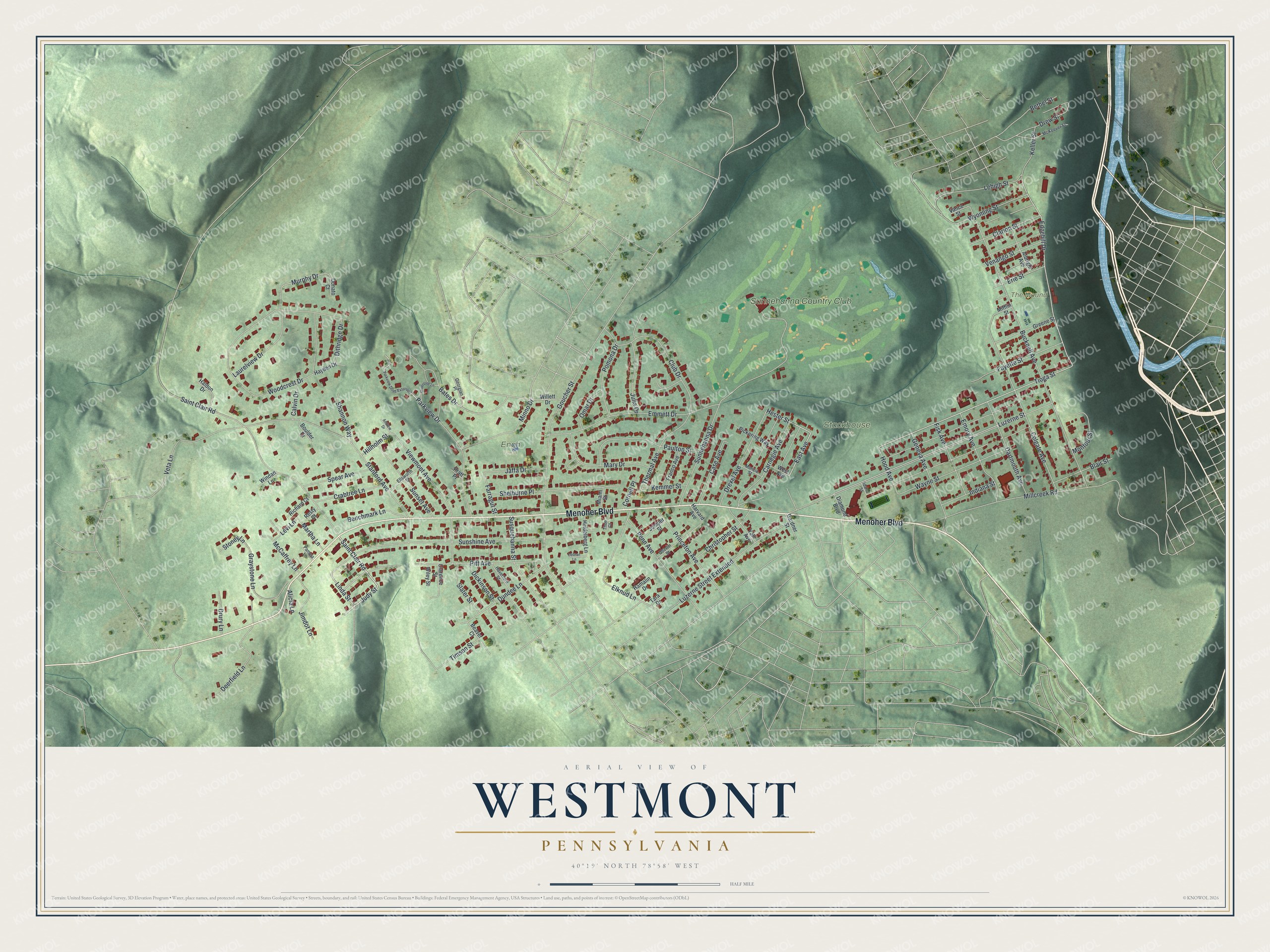 Full Westmont map with red buildings, green hills, Sunnehanna Country Club and a cream title panel beneath the aerial view