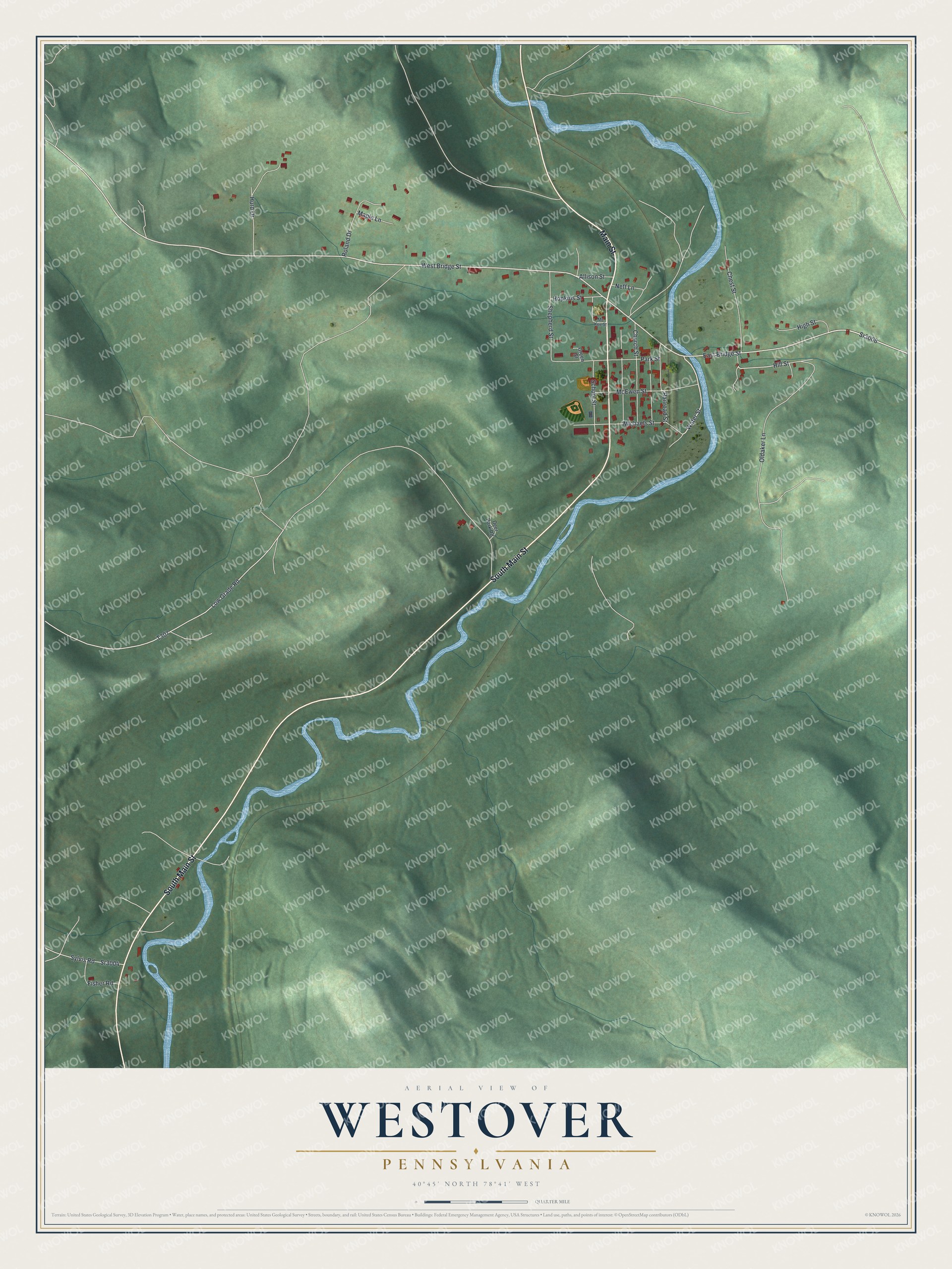 Full map of Westover, Pennsylvania, with red buildings, printed street names and the land around them