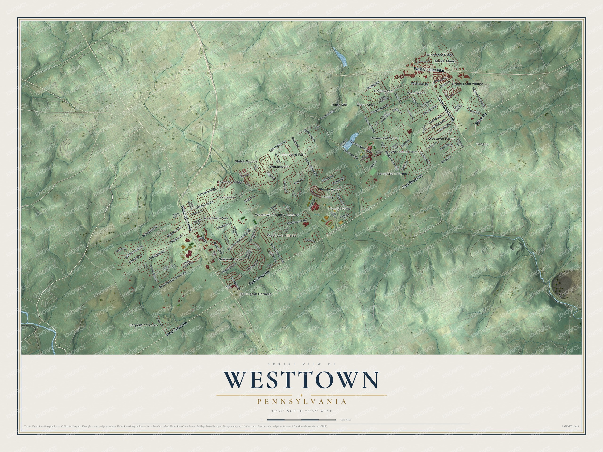 Aerial map of Westtown, Pennsylvania, showing a long strip of homes between West Chester Pike and East Street Road among green hills