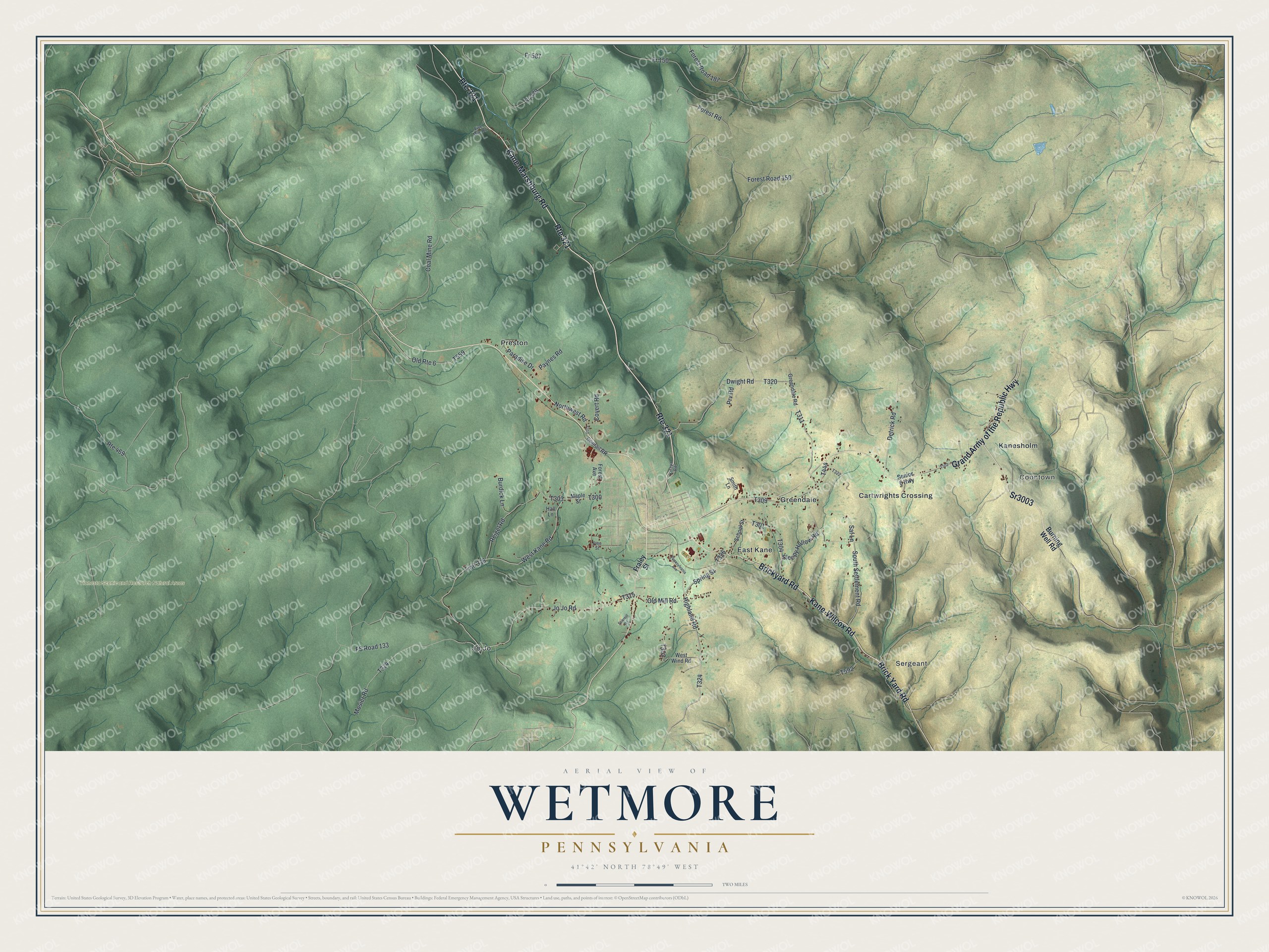 Full map of Wetmore, Pennsylvania, with red buildings, printed street names and the land around them